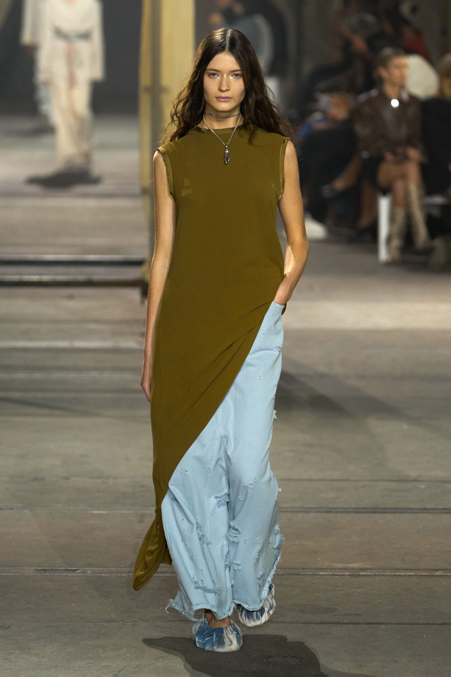 green denim sleeveless asymmetric relaxed draped distressed dress
