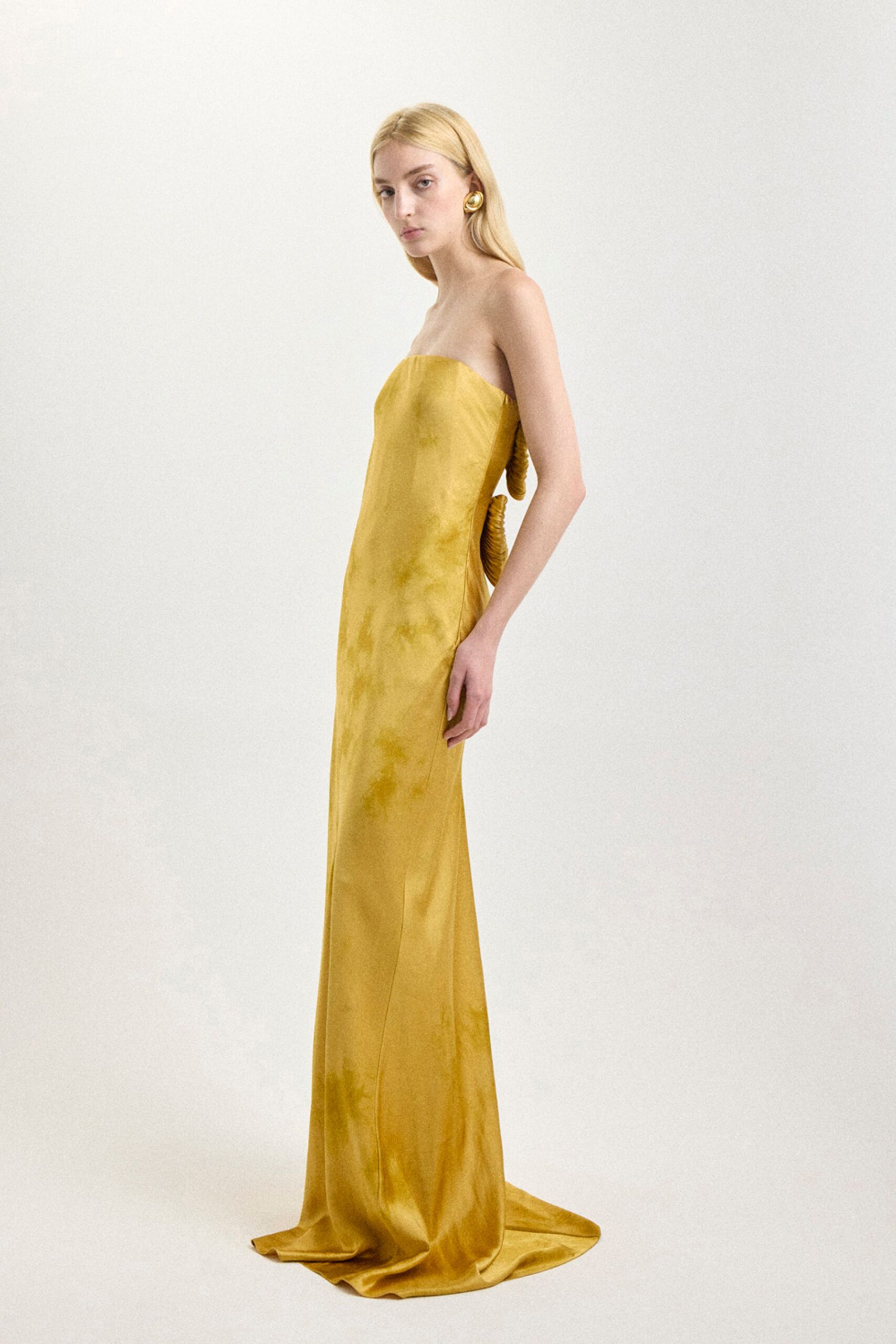 yellow silk strapless gown