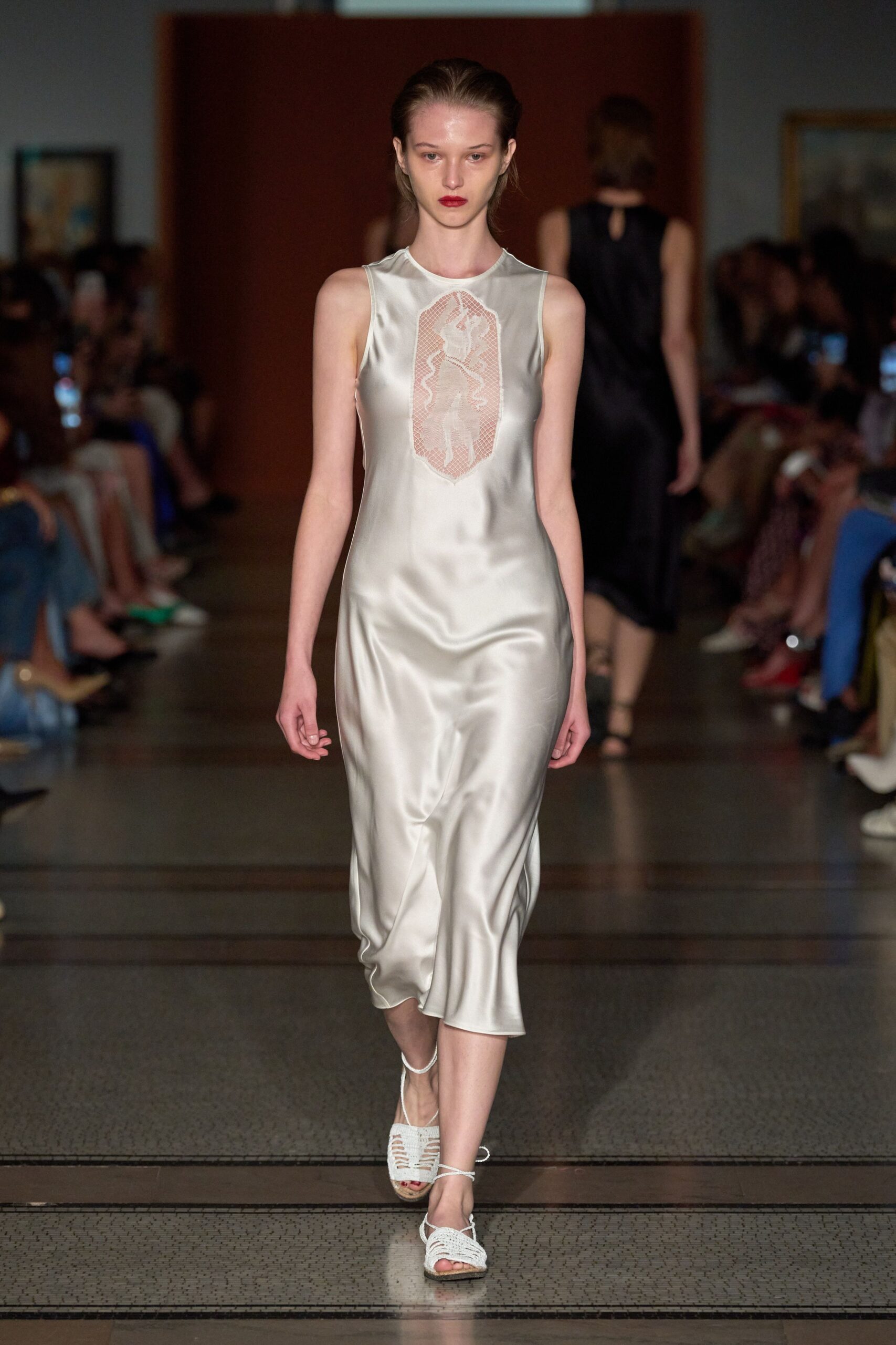 gray silk sleeveless high-neck fitted draped shiny dress