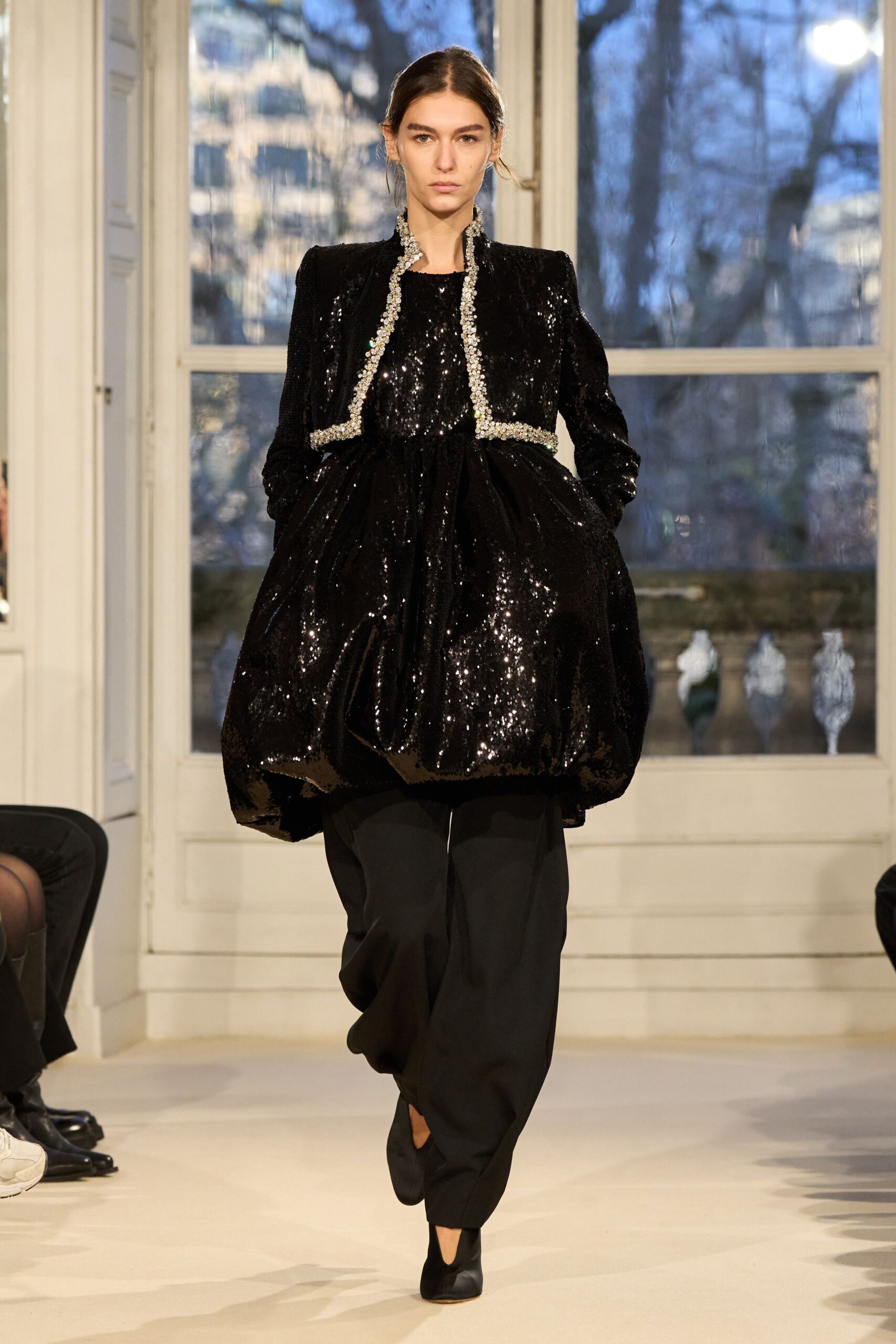 black sequin long-sleeve collared fitted draped embellished dress