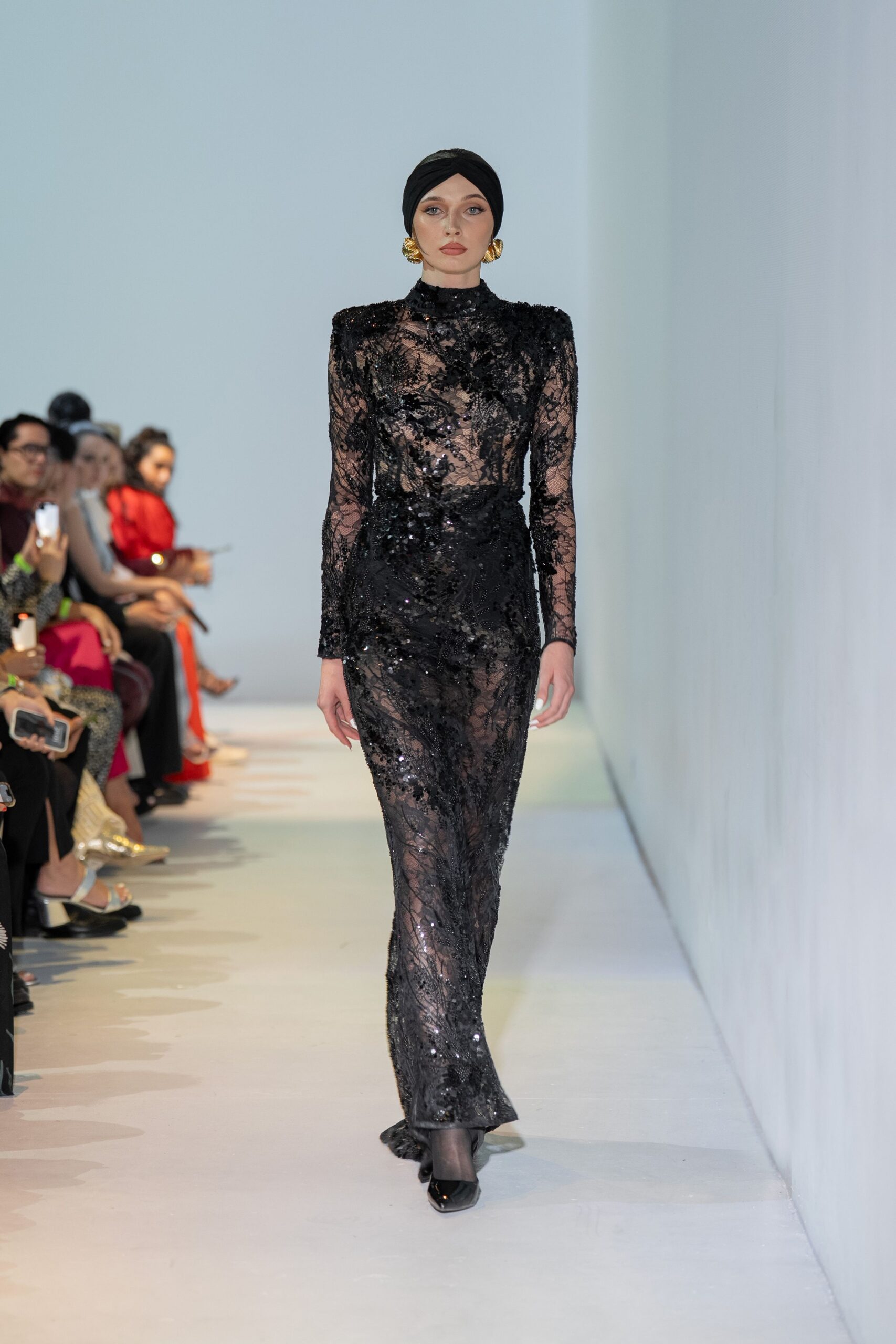 black sequin long-sleeve high-neck fitted embellished shiny gown