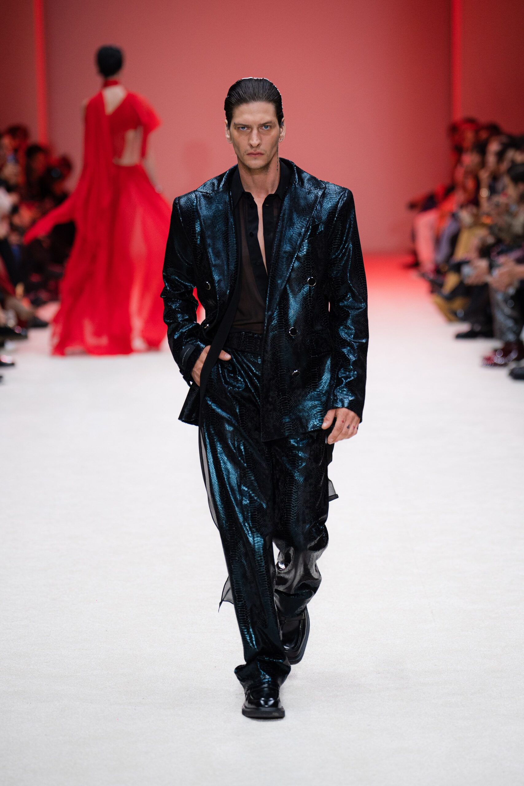 blue velvet long-sleeve collared tailored shiny suit