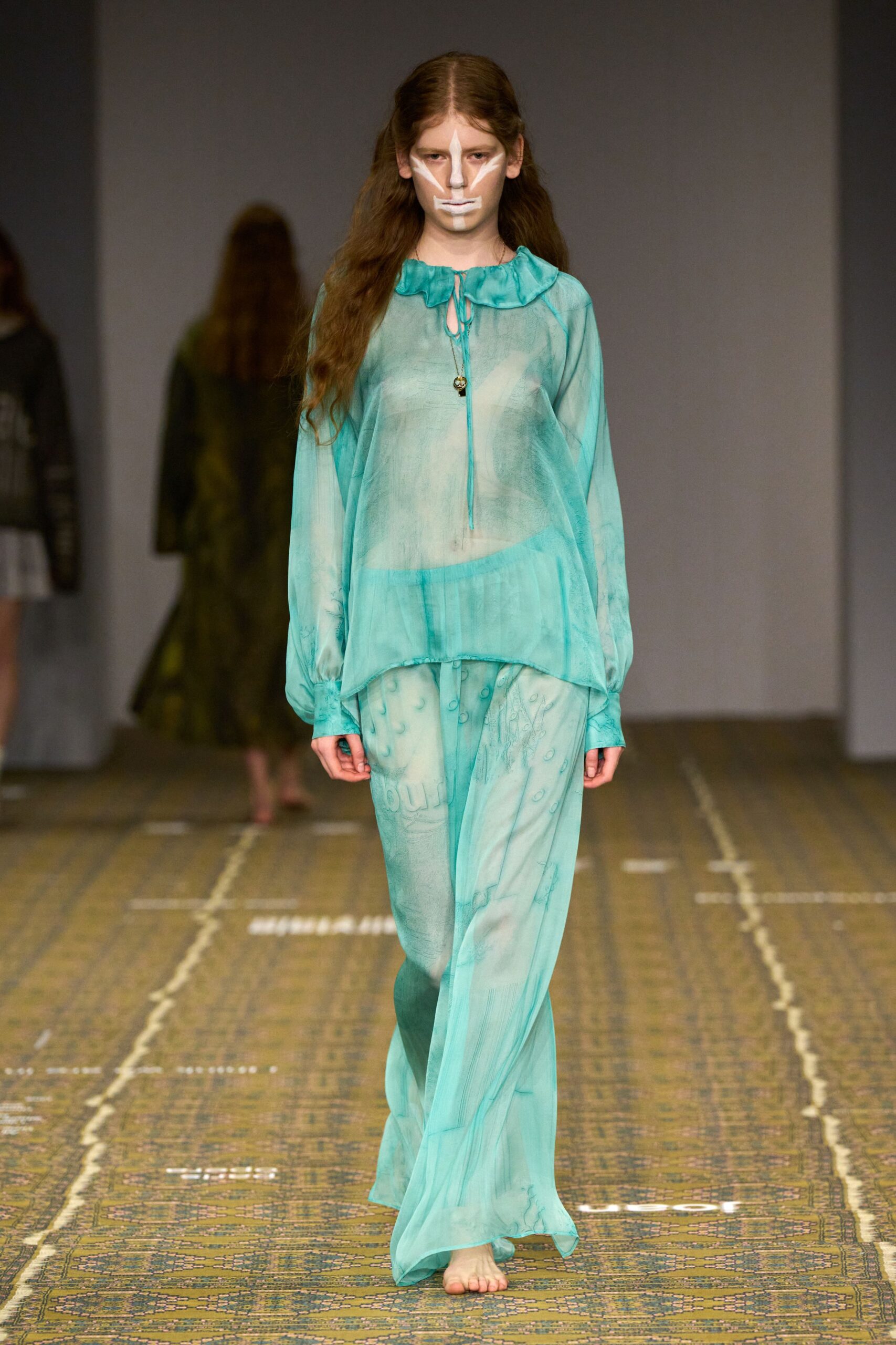 blue chiffon long-sleeve high-neck relaxed layered draped blouse