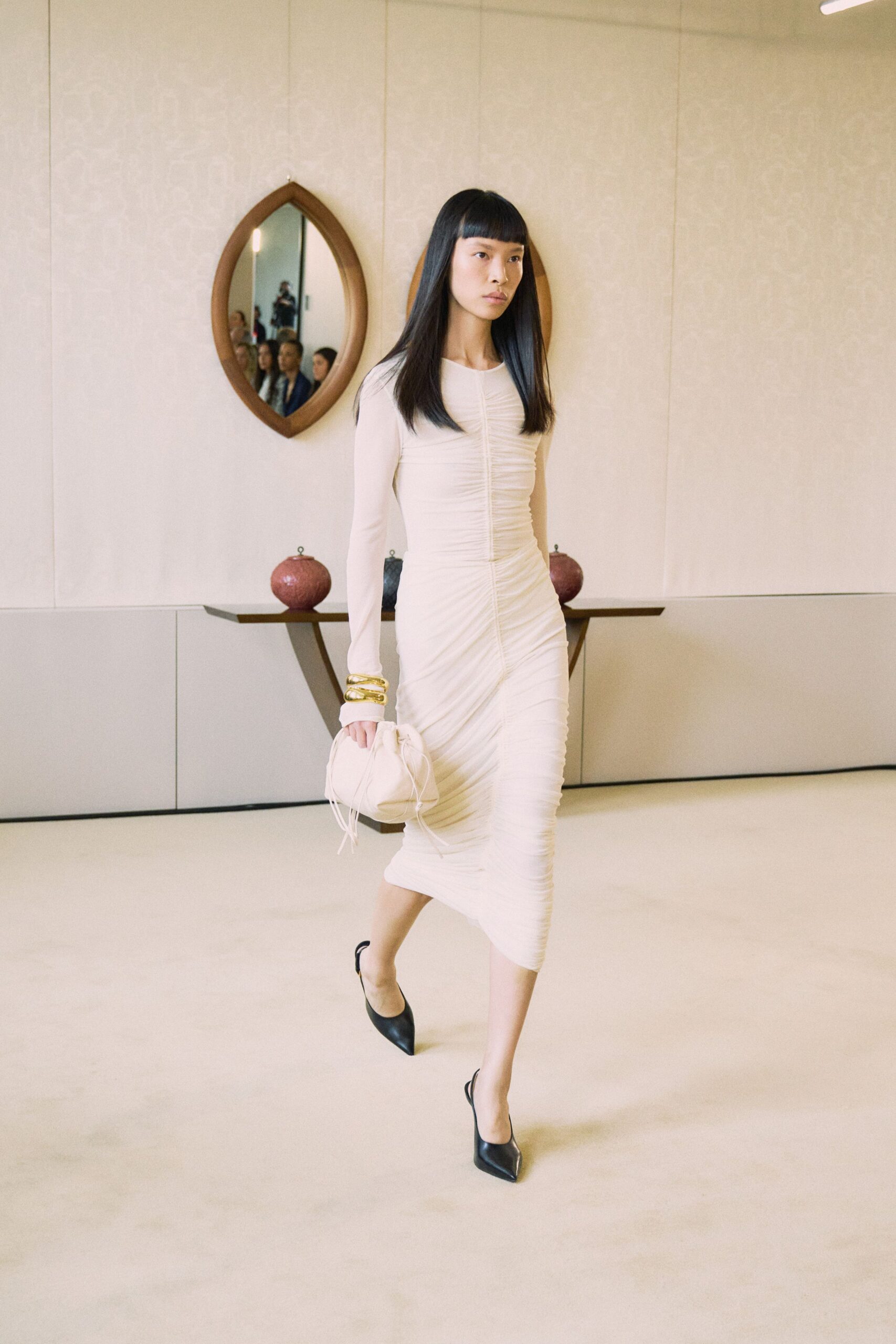 beige fitted long-sleeve dress