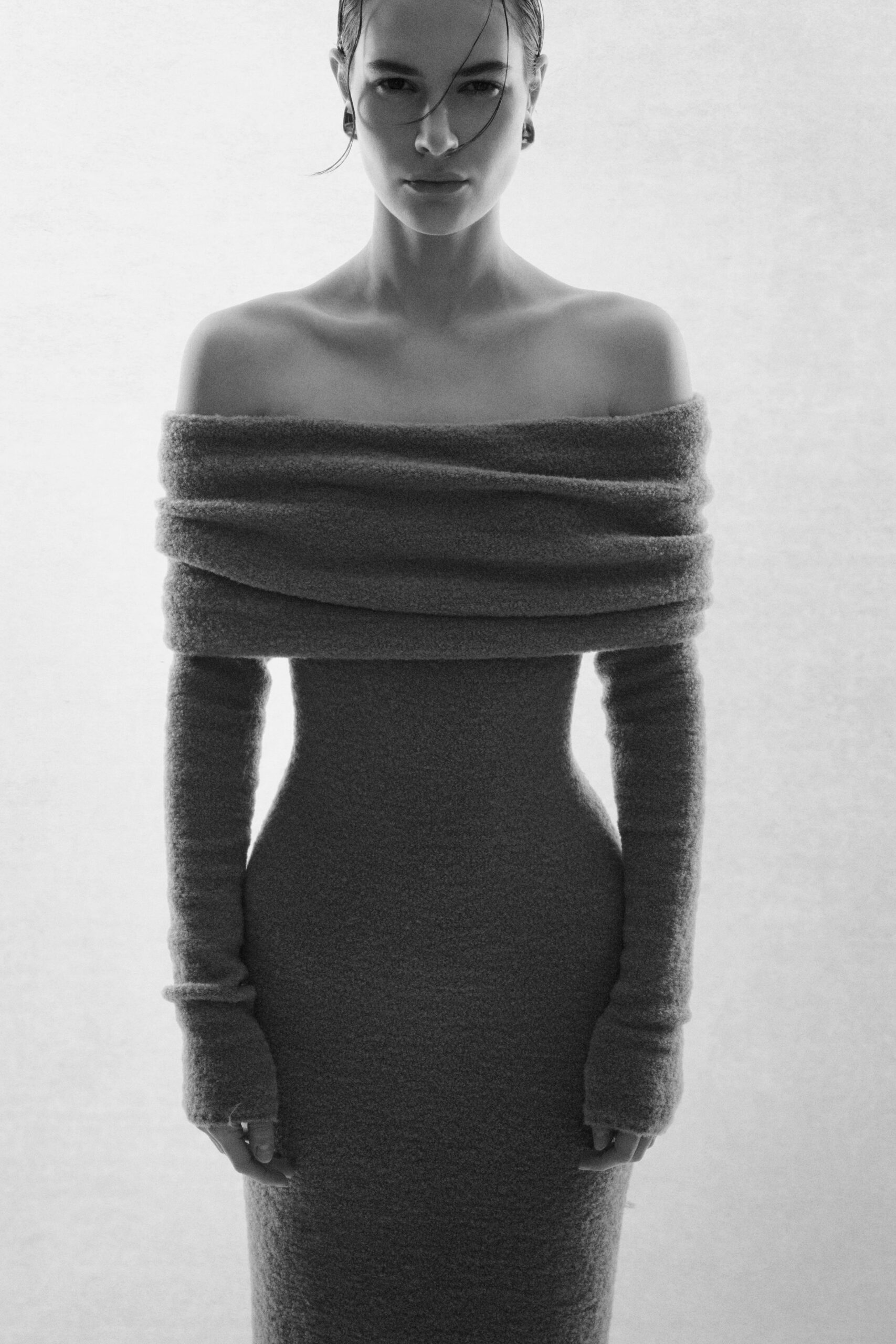 gray wool off-shoulder gown