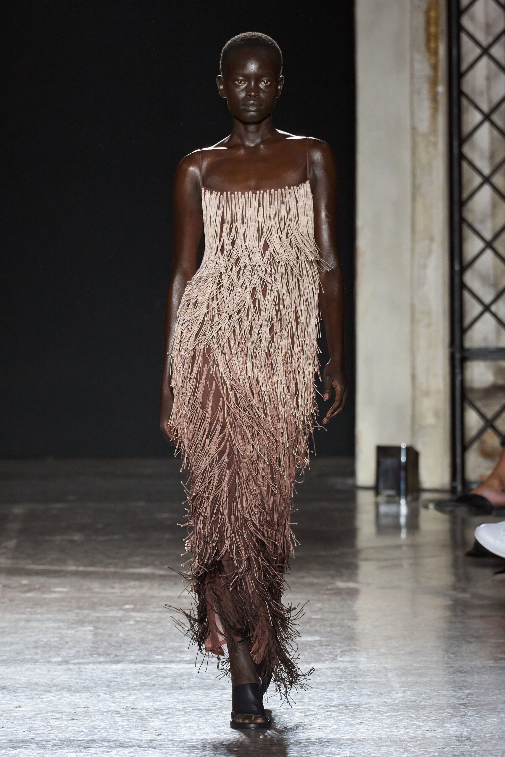 brown beige fringed gown
