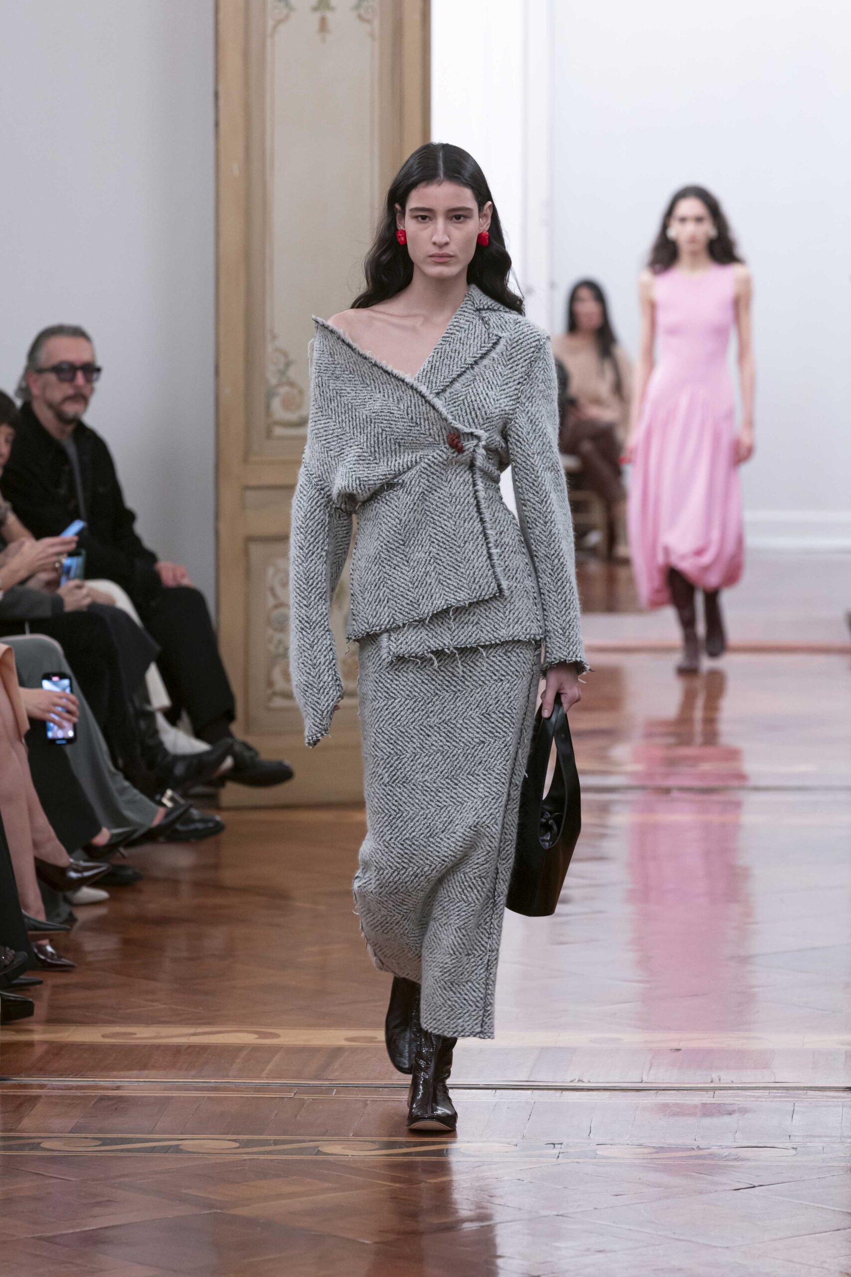gray wool long-sleeve v-neck fitted belted midi dress