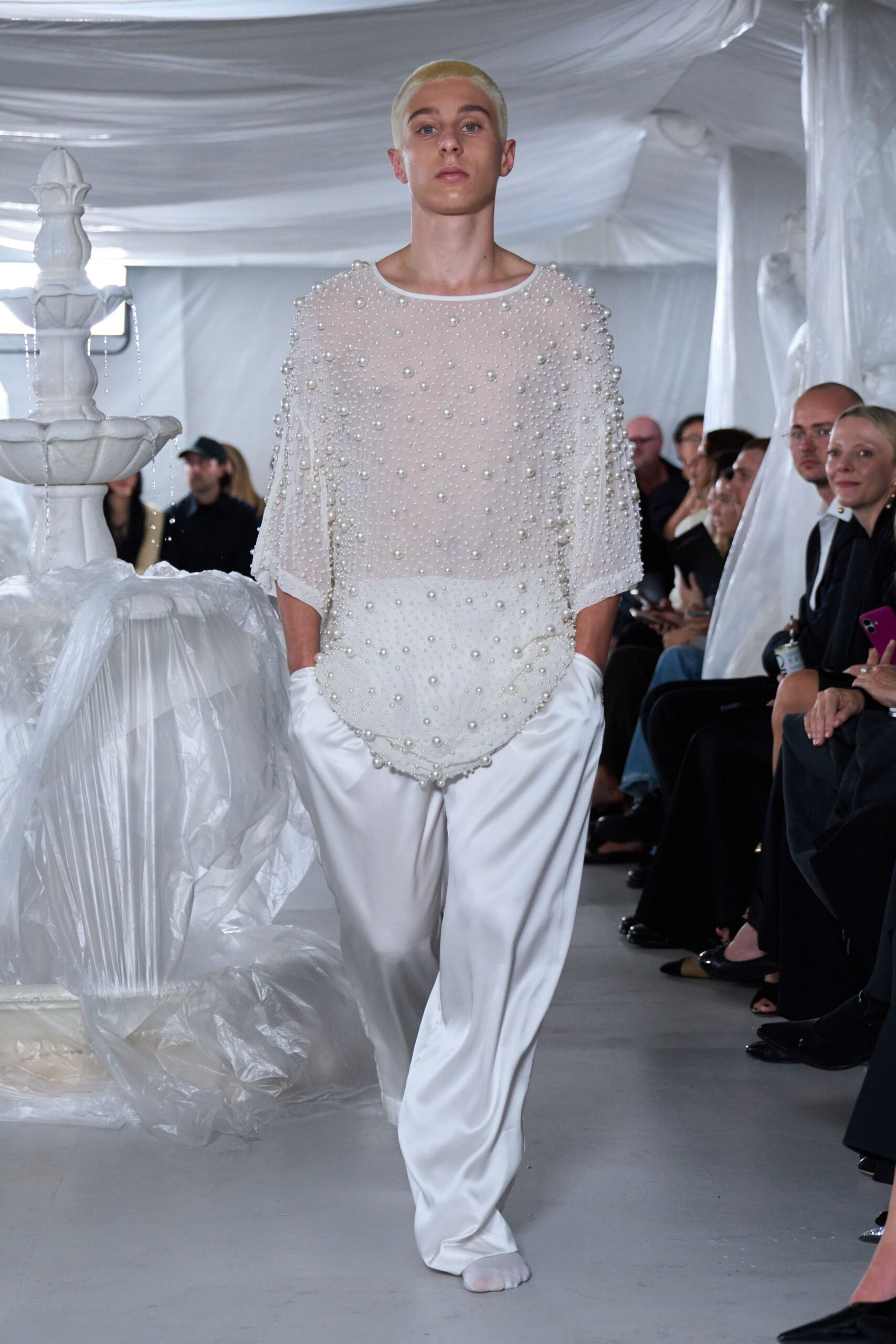 white mesh short-sleeve scoop-neck relaxed embellished beaded top