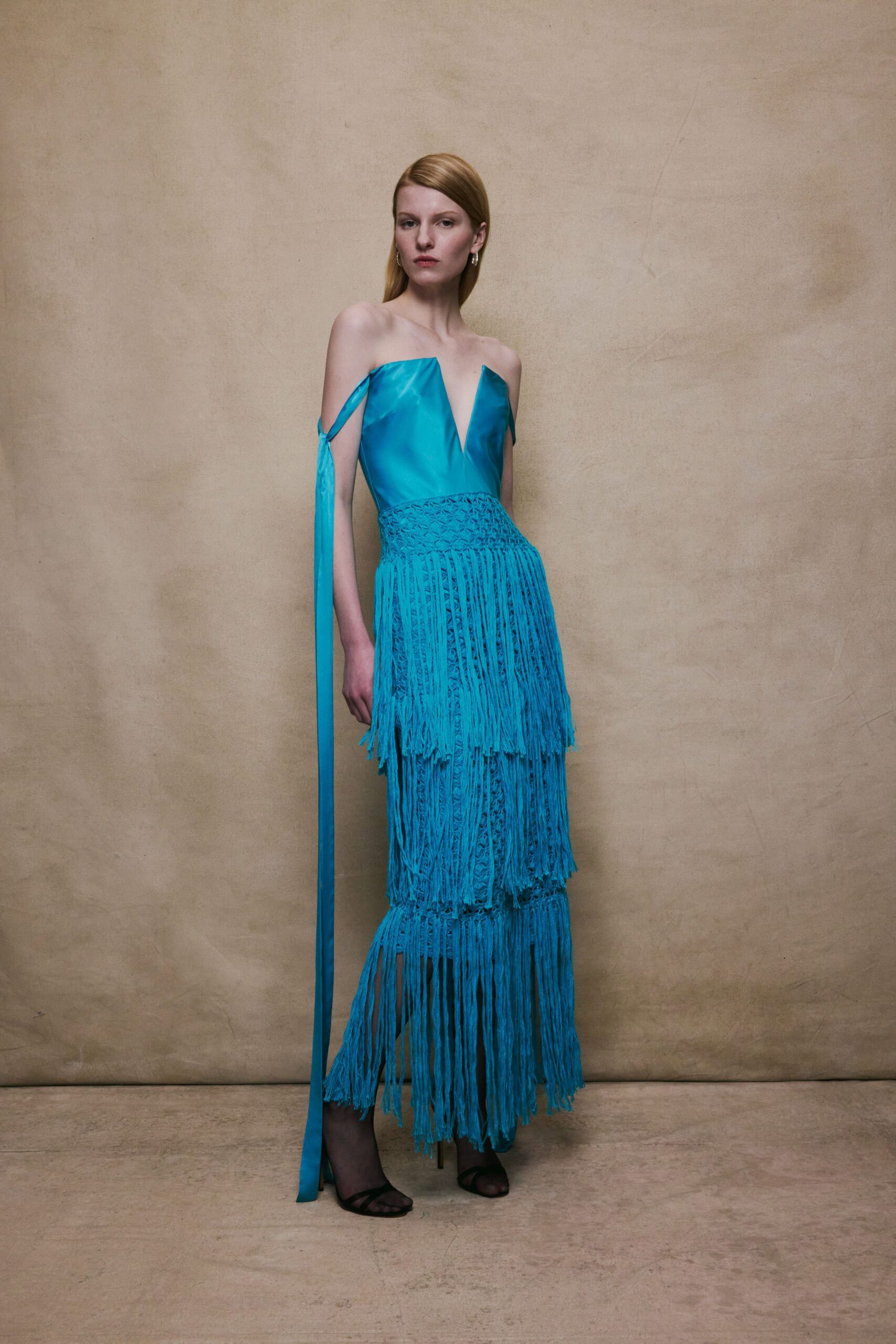 blue silk fringed gown