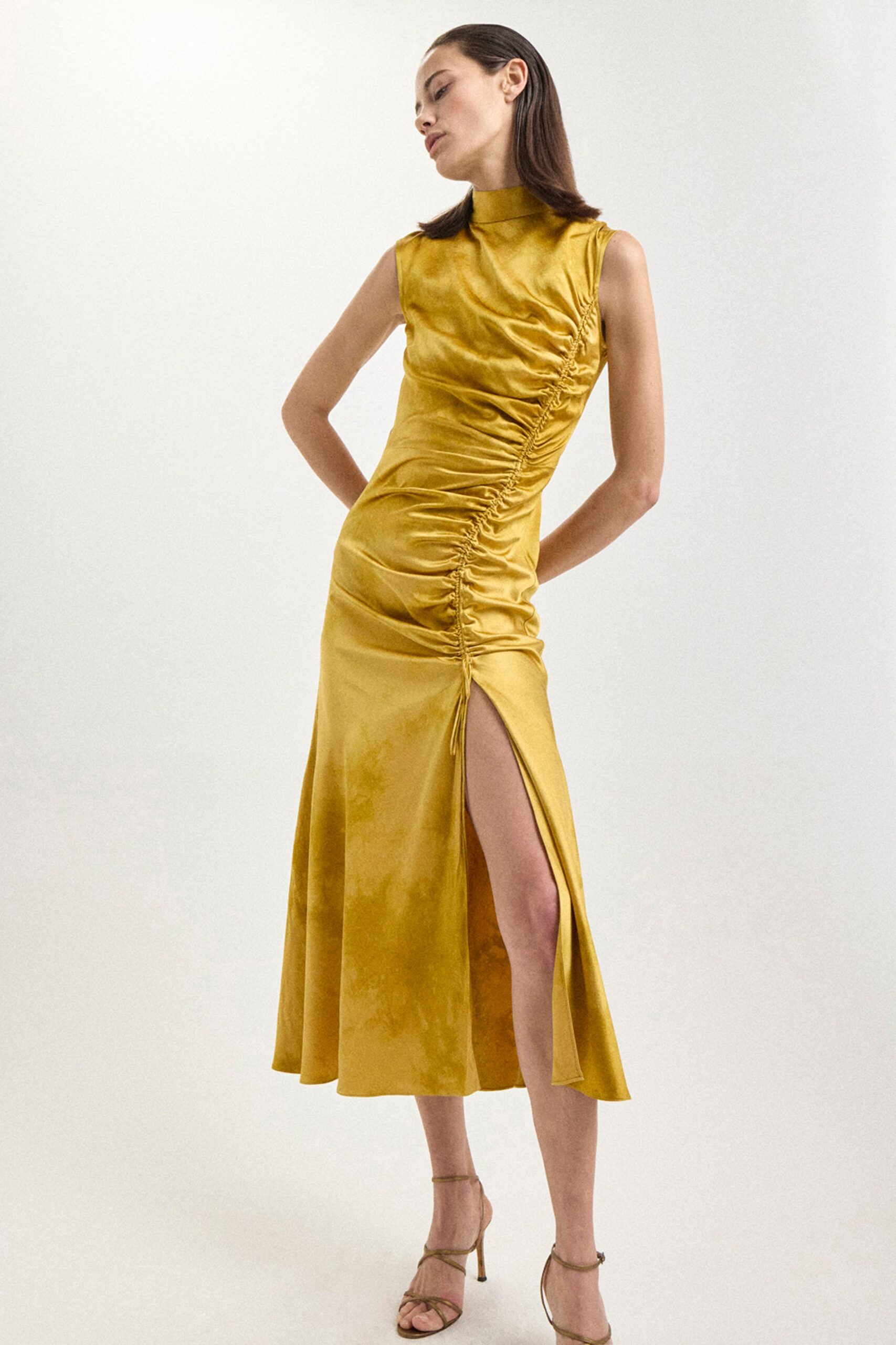 yellow silk sleeveless high-neck fitted ruched shiny dress