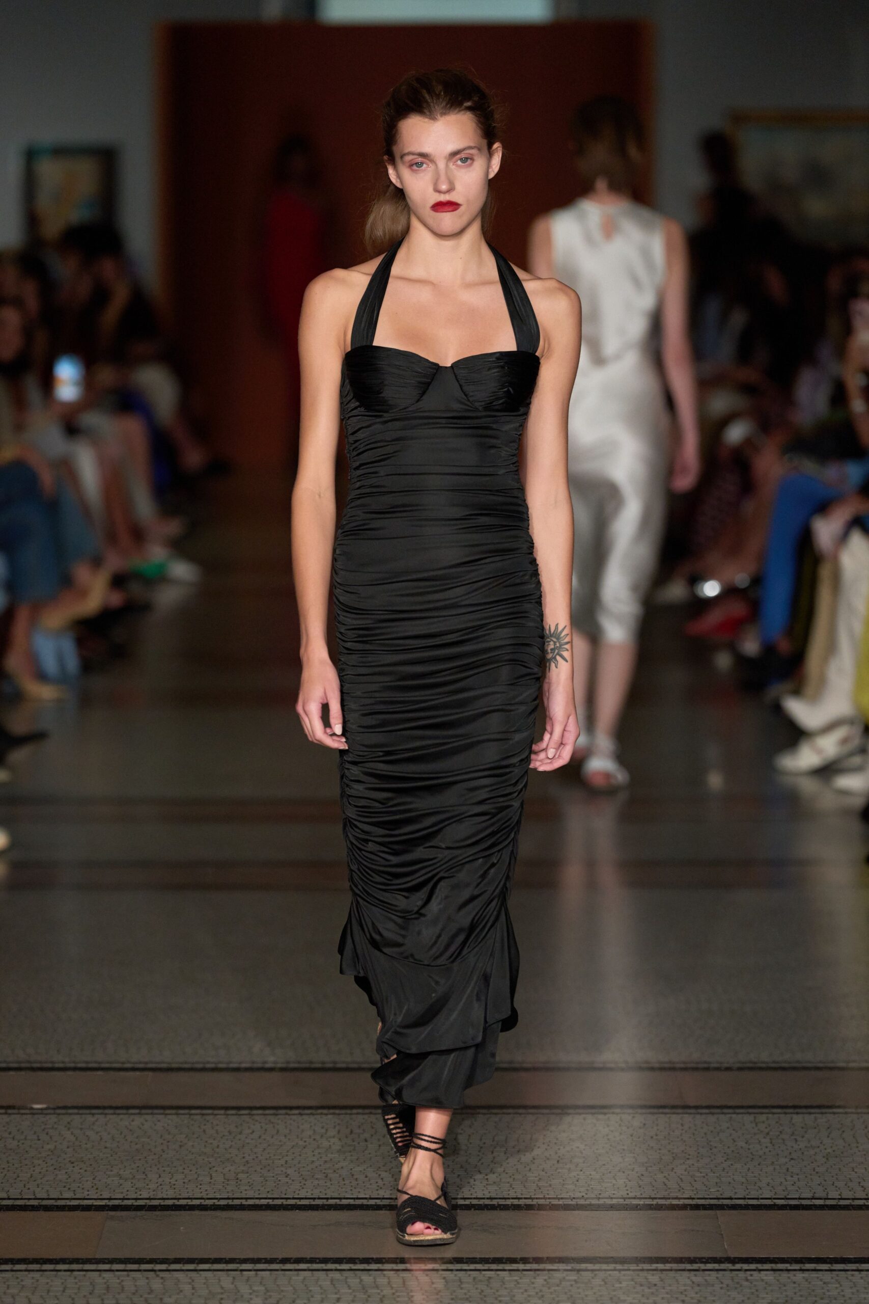 black silk strapless gown