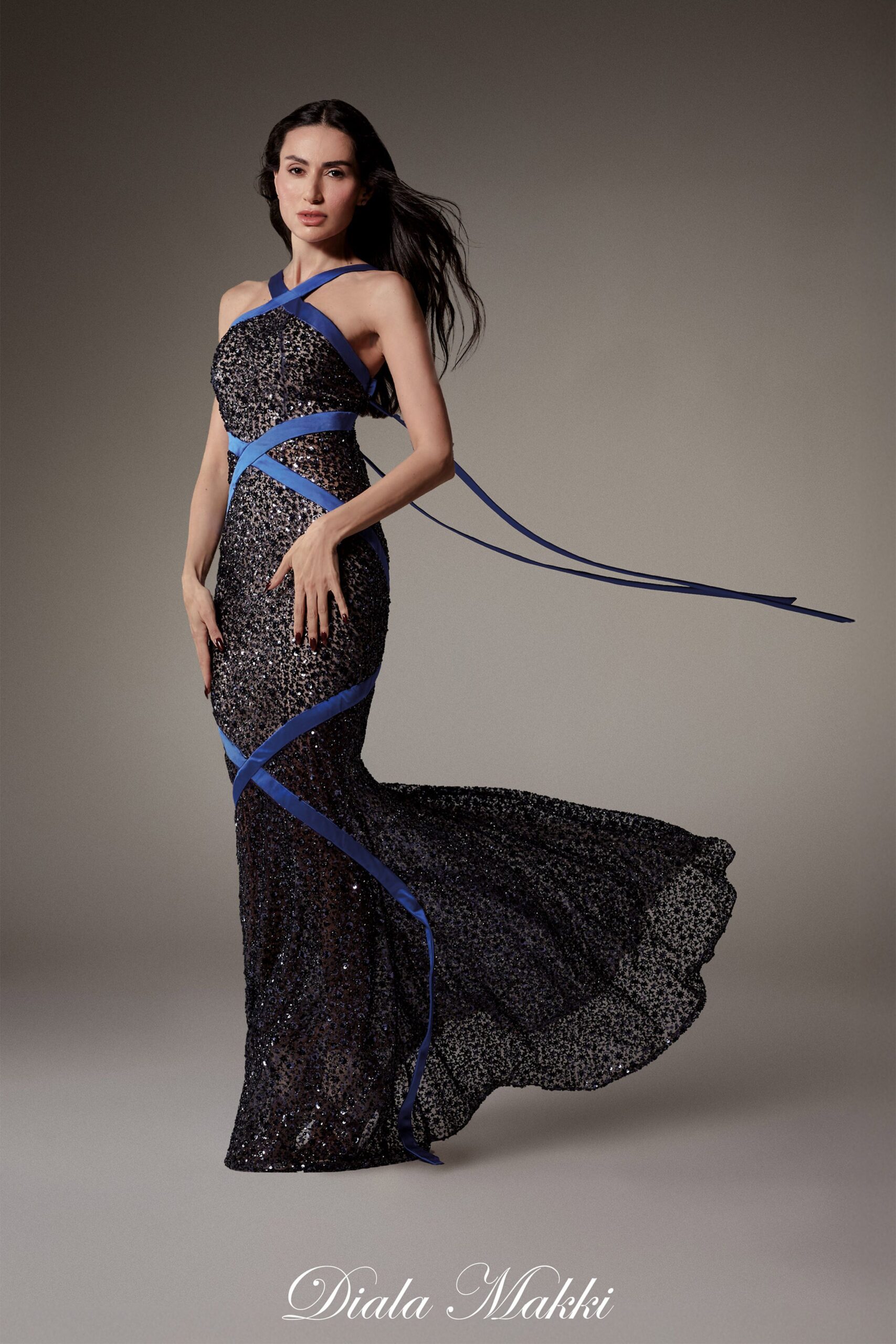 black and blue sequin gown