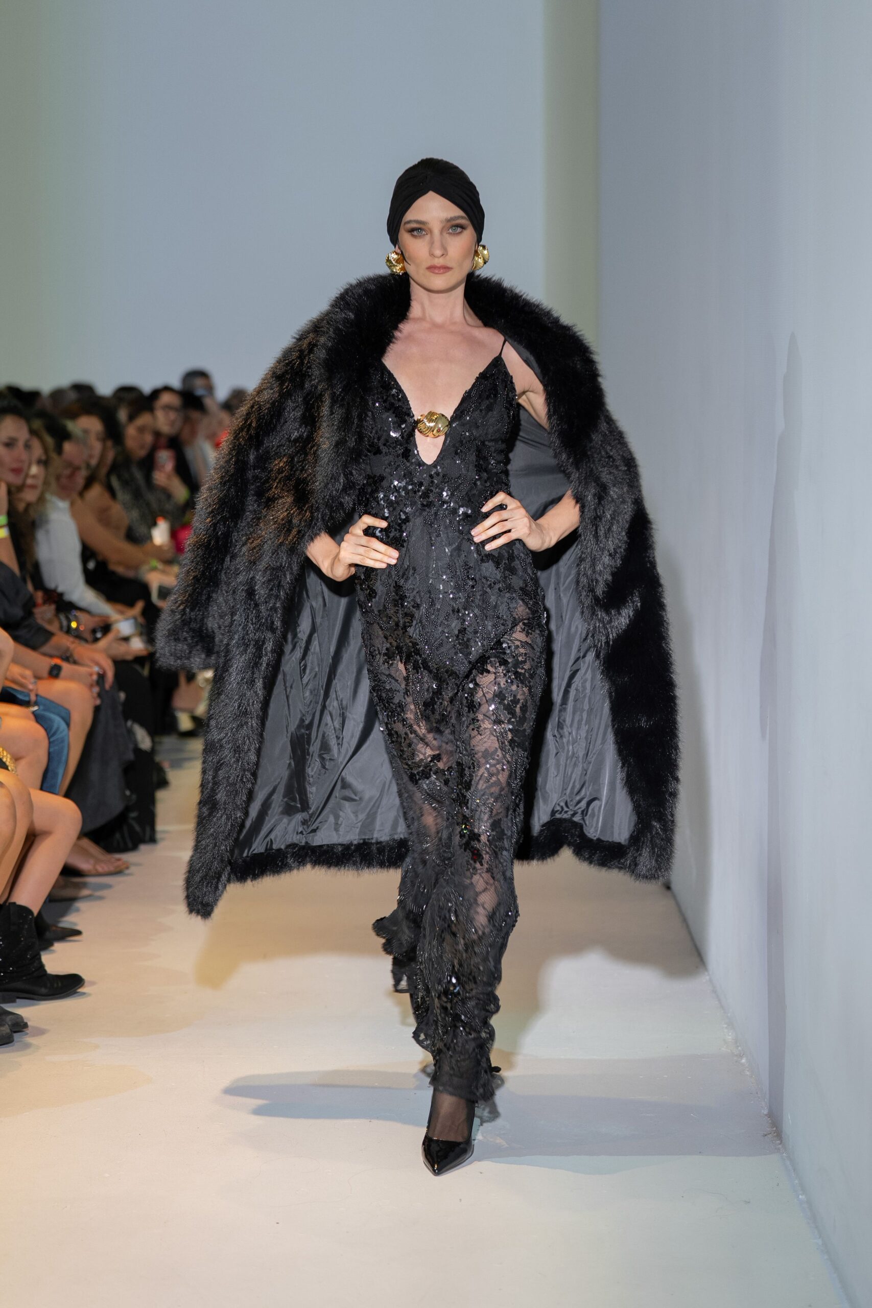 black lace sleeveless v-neck fitted sequined draped gown