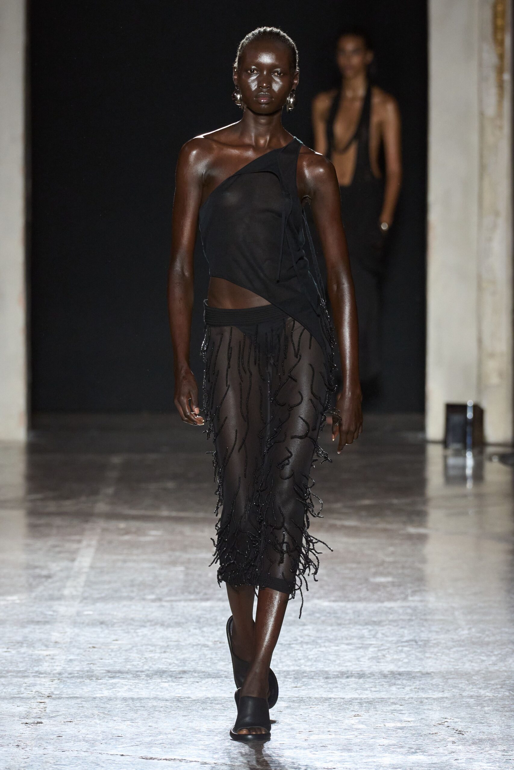 black sheer top and midi skirt