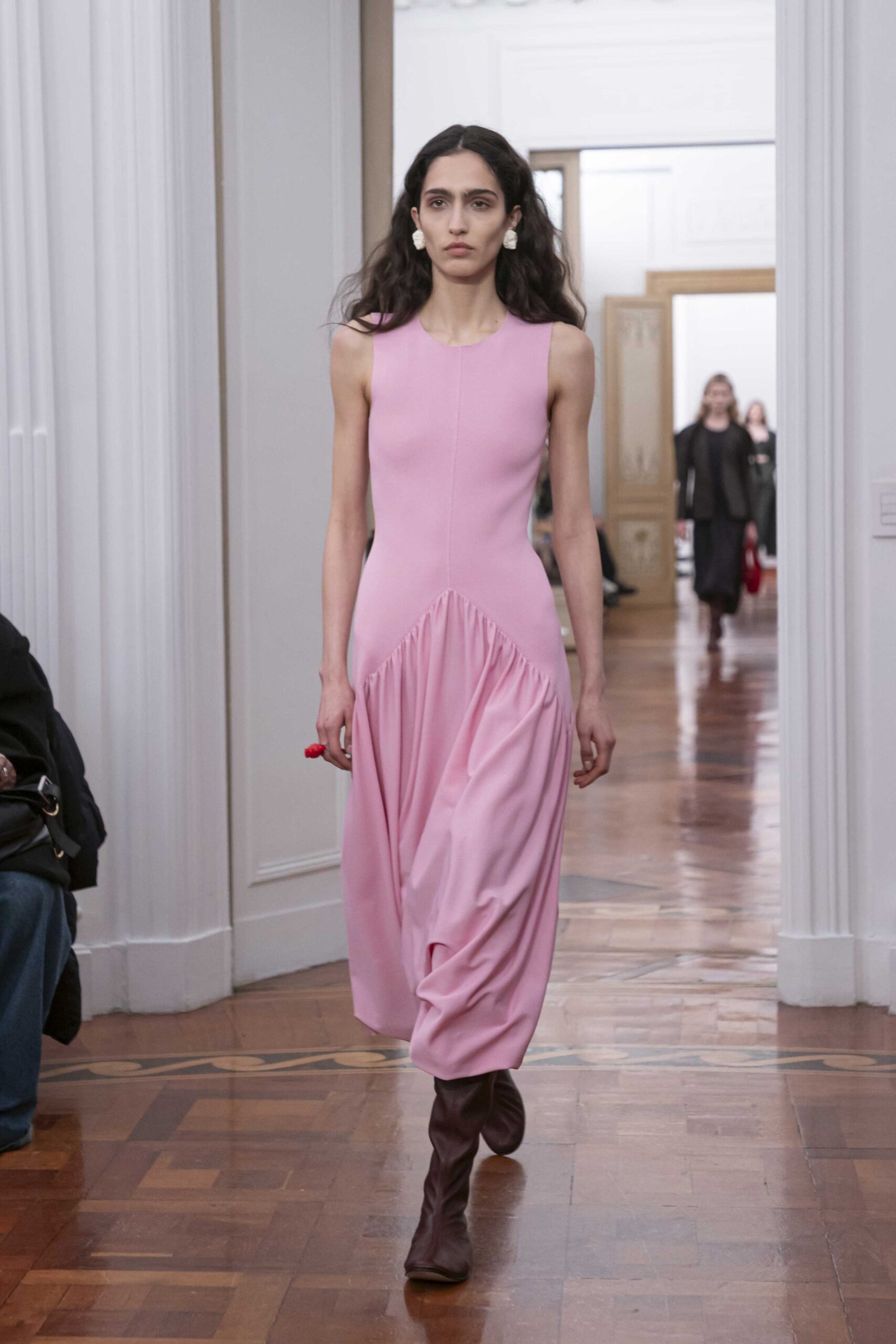 pink midi dress with brown boots
