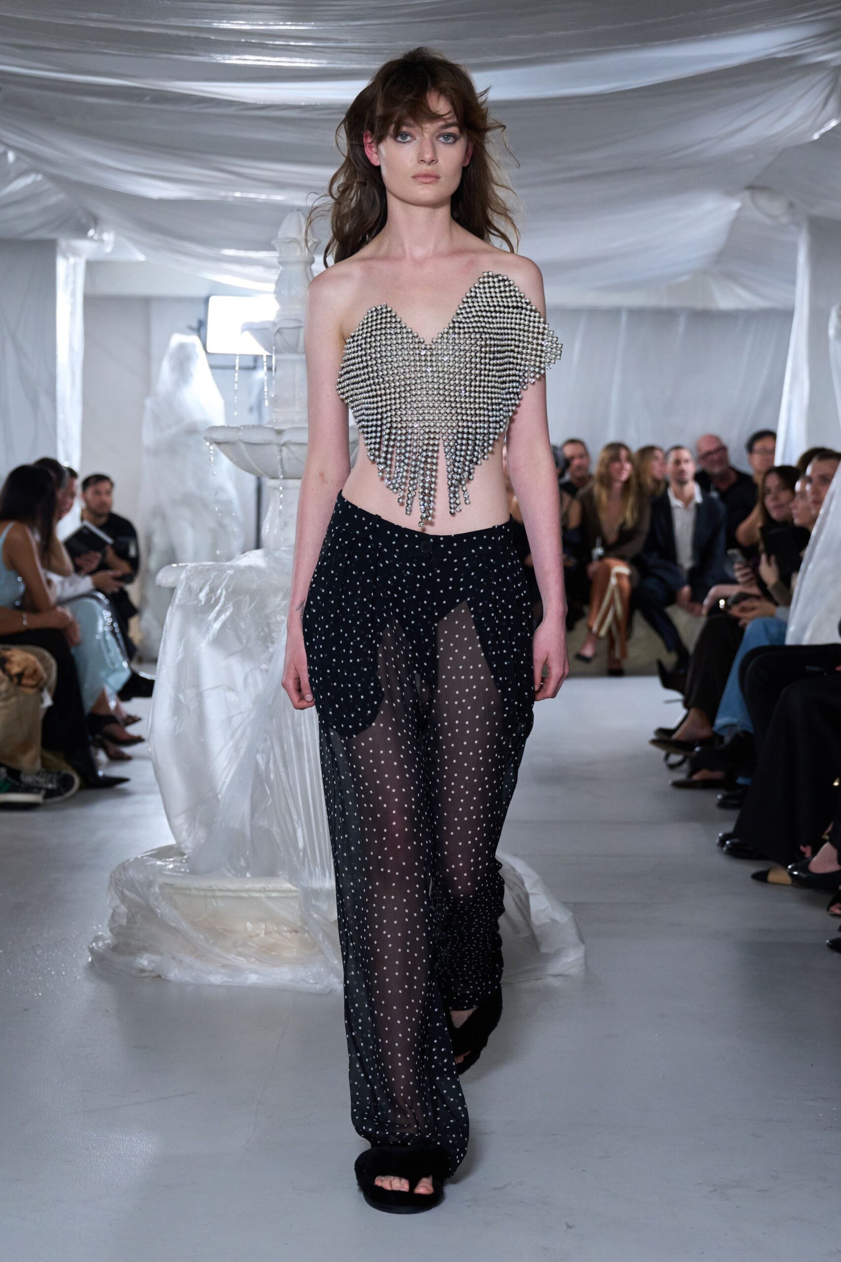 black mesh high-neck relaxed printed straight-leg sheer pants