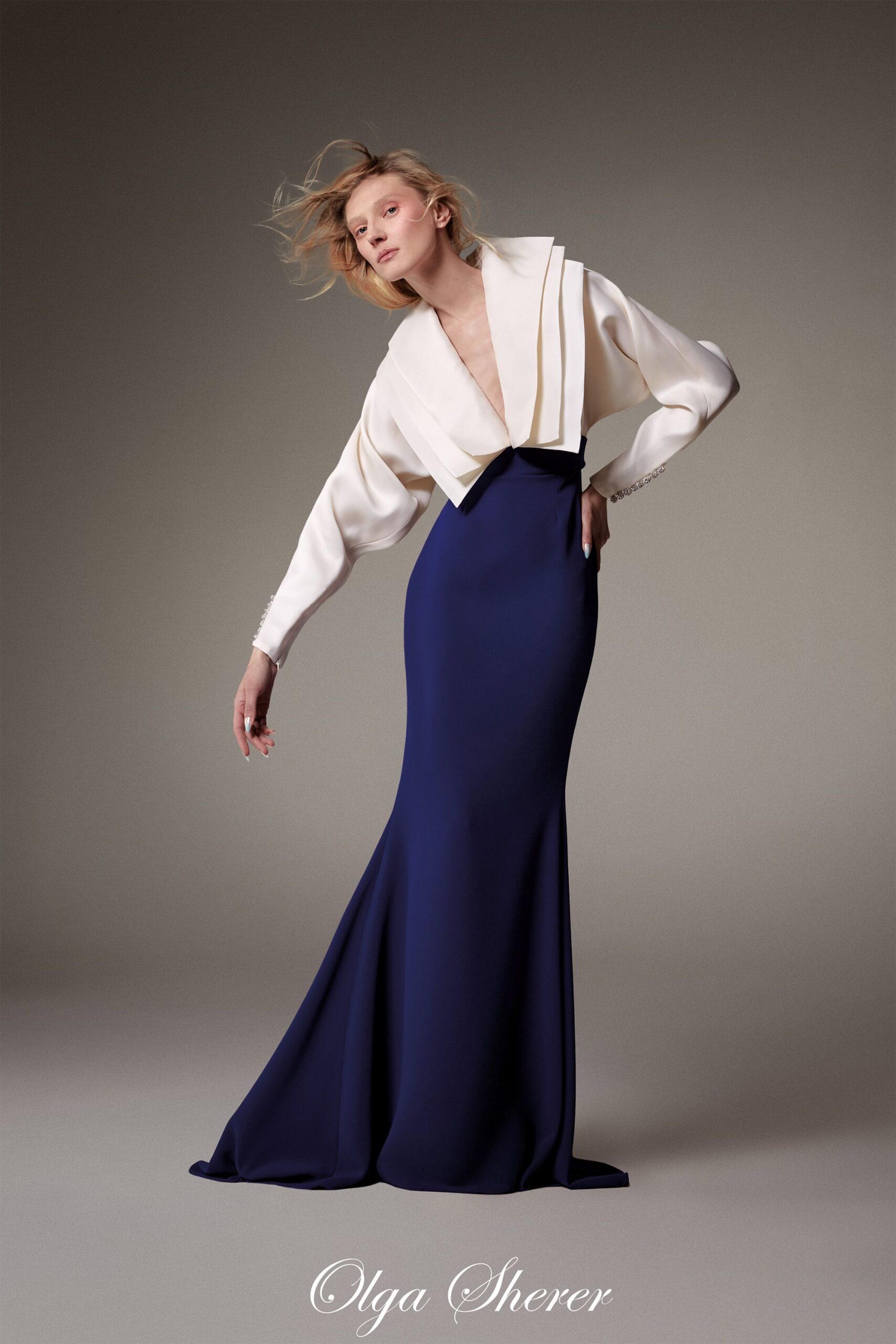 navy silk fitted gown