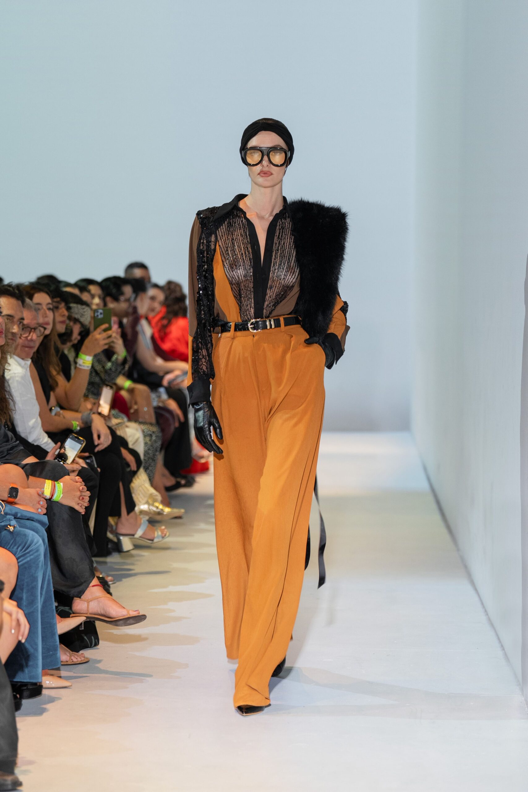 orange silk long-sleeve collared fitted zippered belted jumpsuit