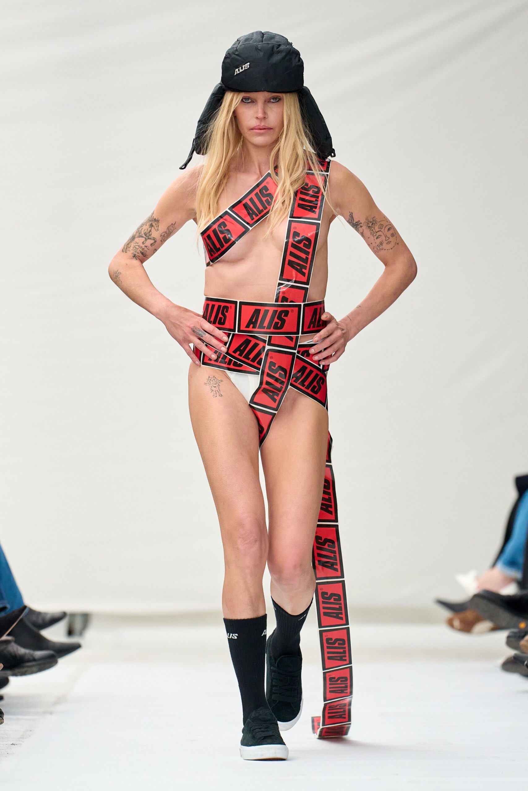 red and black printed bikini with hat