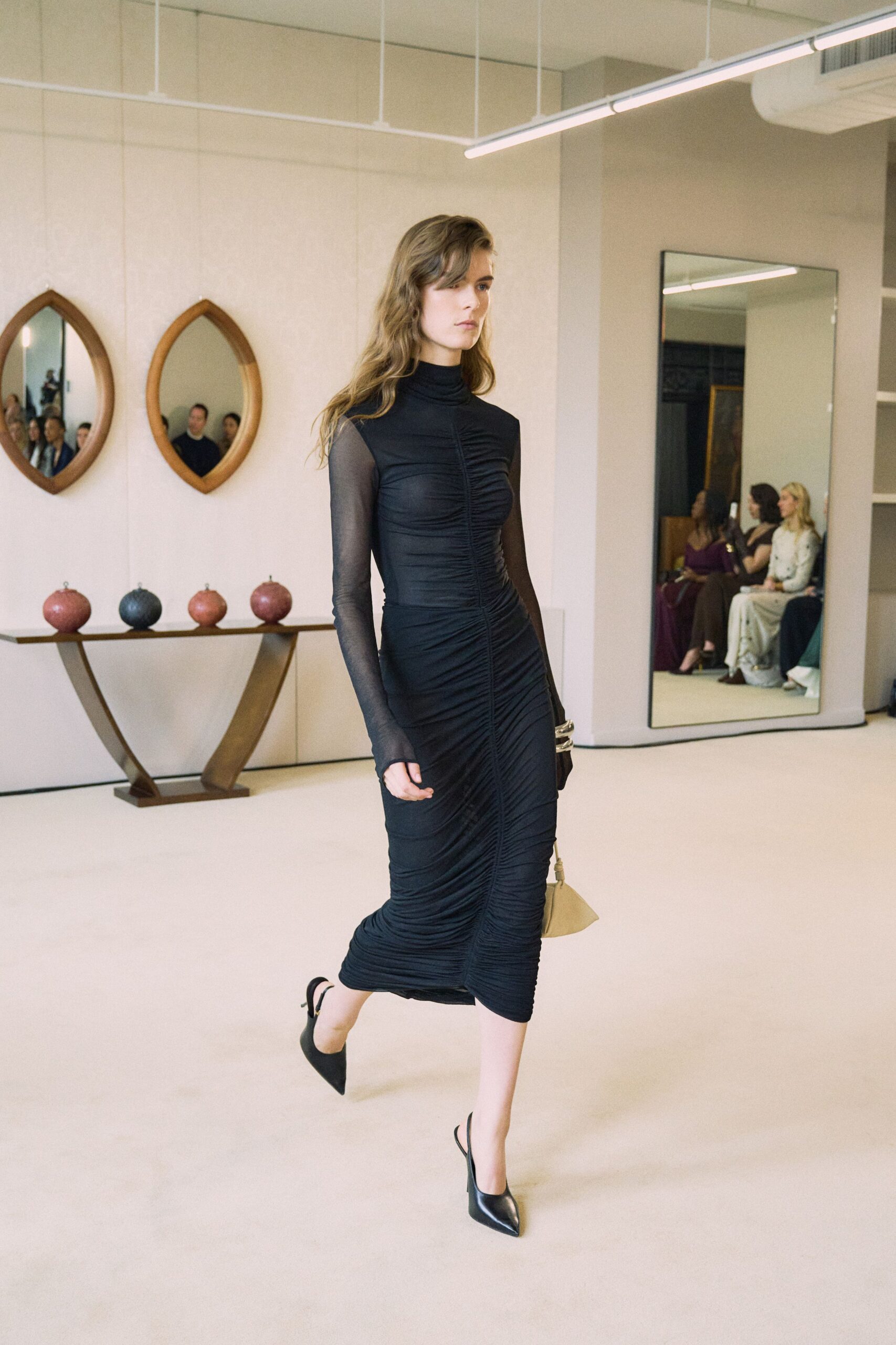 black ruched long-sleeve dress