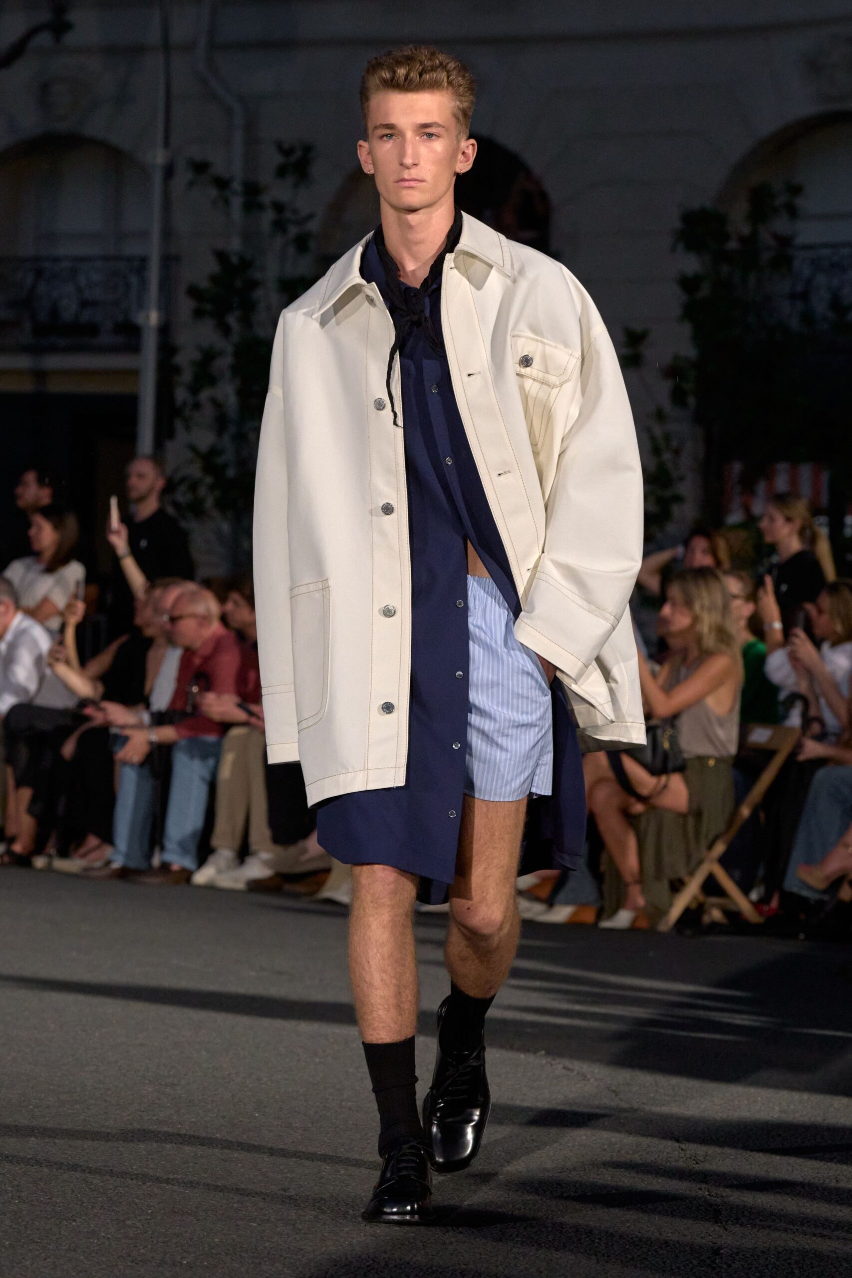 white coat with blue shirt