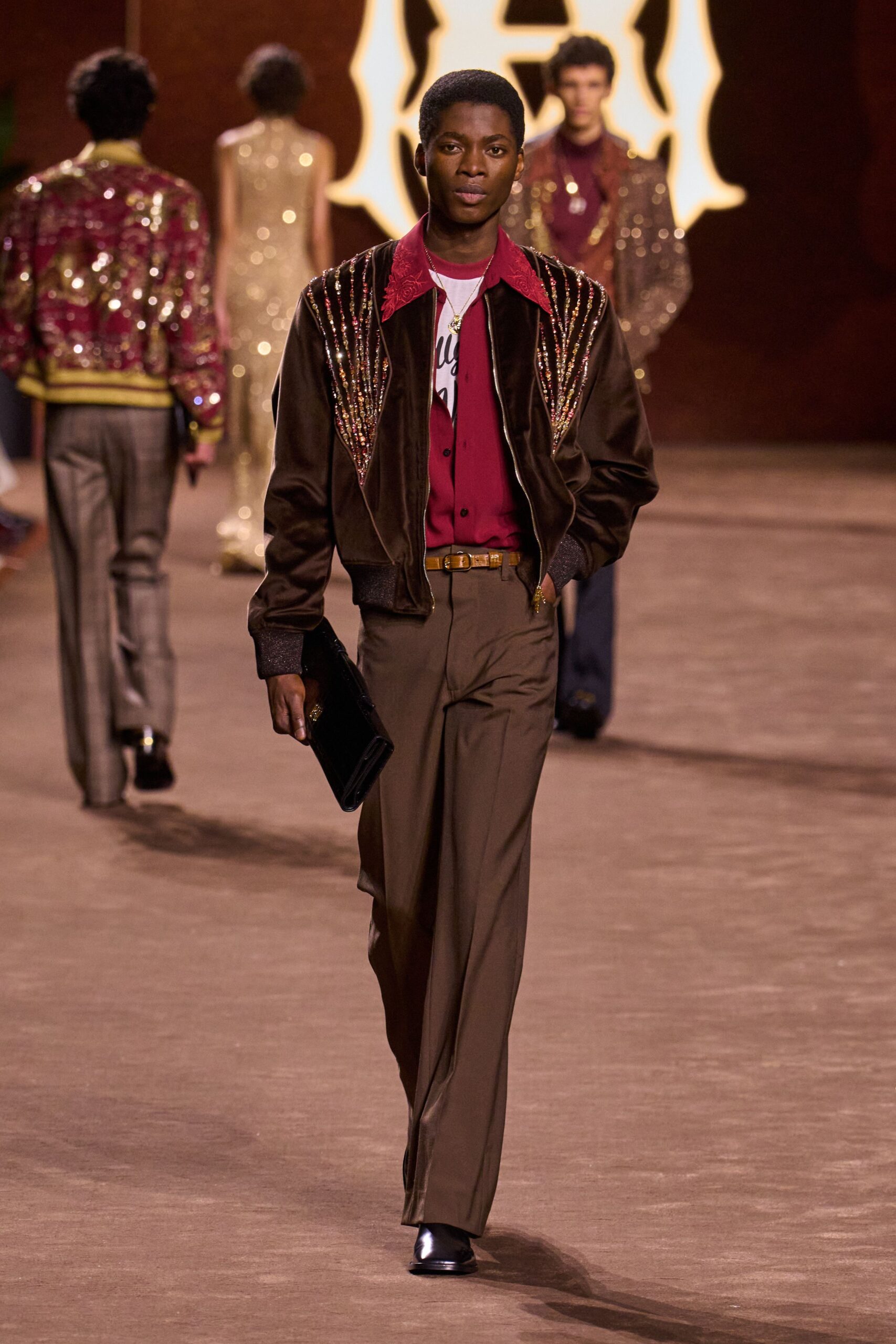 brown silk long-sleeve collared fitted zippered embroidered jacket