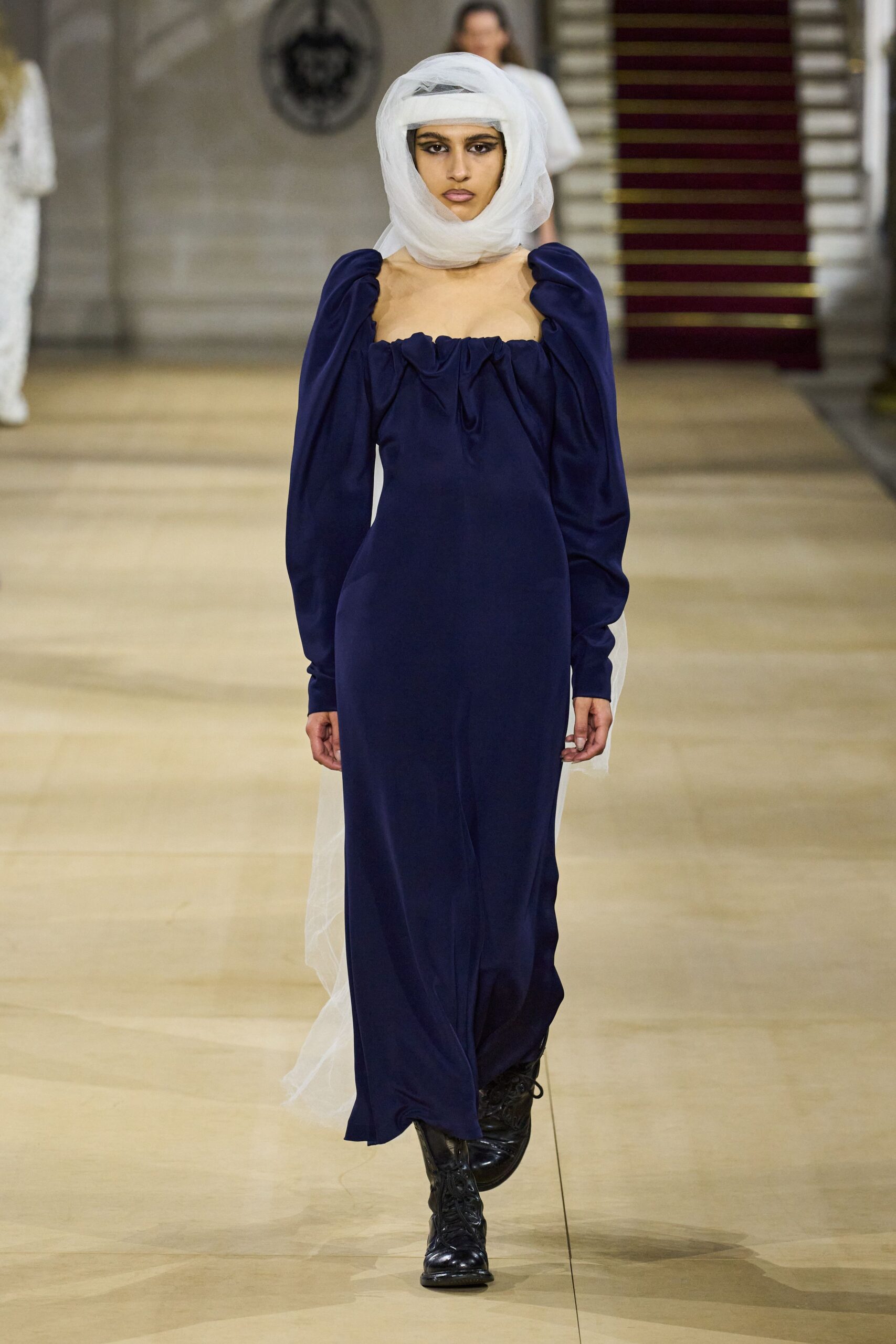 blue silk off-shoulder gown