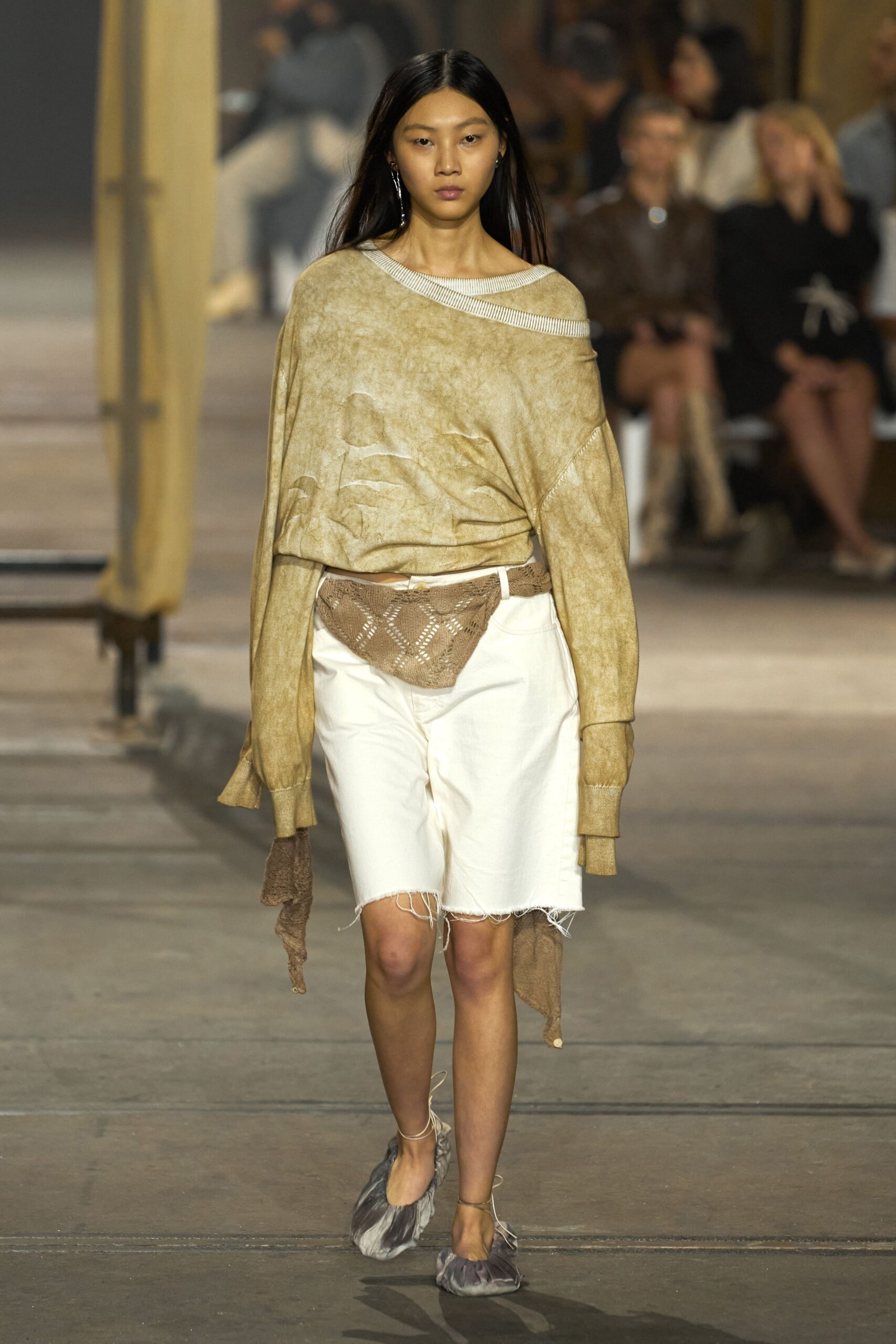 beige cotton long-sleeve off-shoulder relaxed draped top