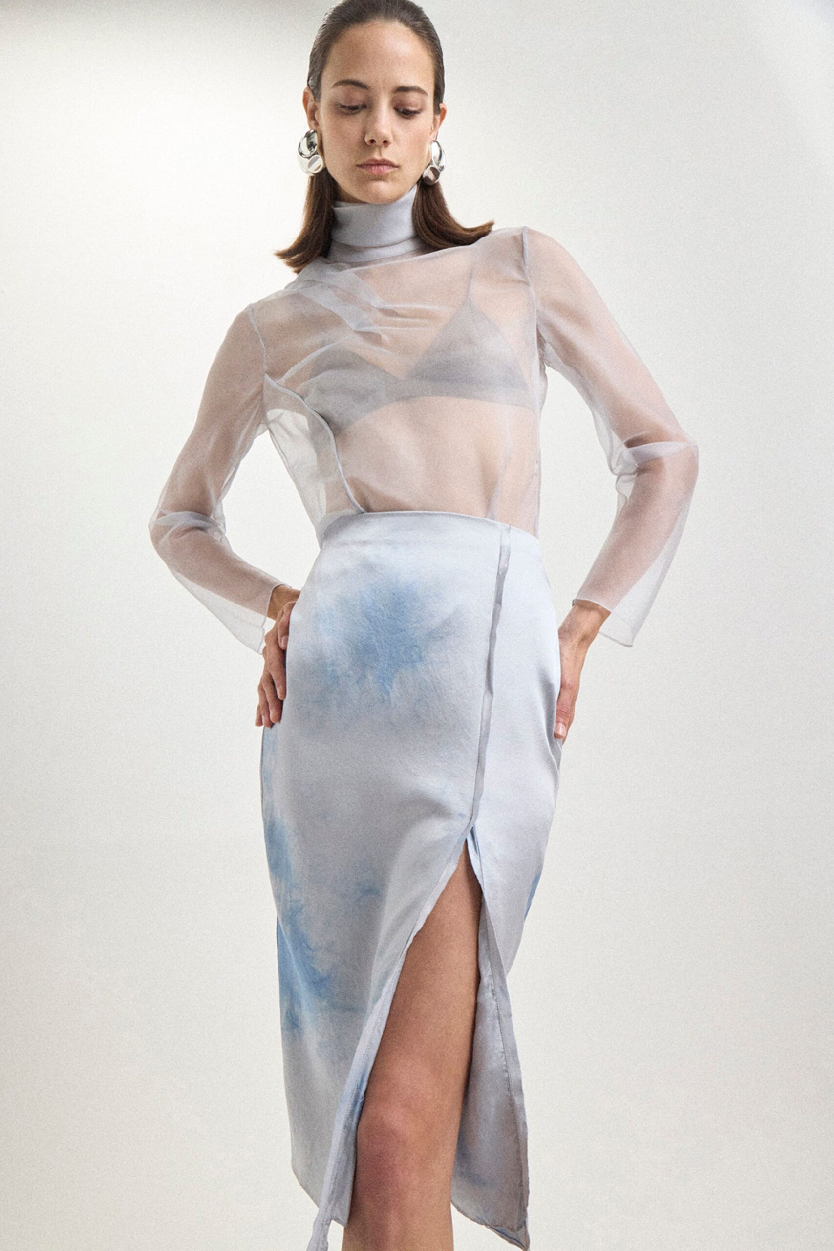 blue silk slit fitted high-waisted draped midi skirt