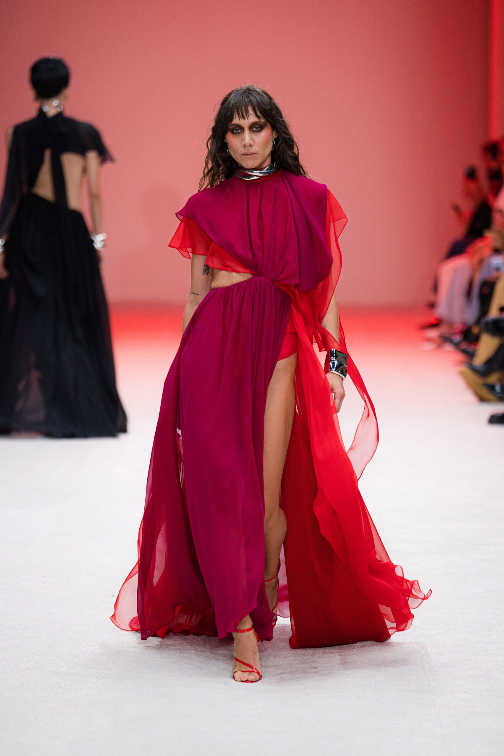 red chiffon sleeveless high-neck fitted layered flowing gown