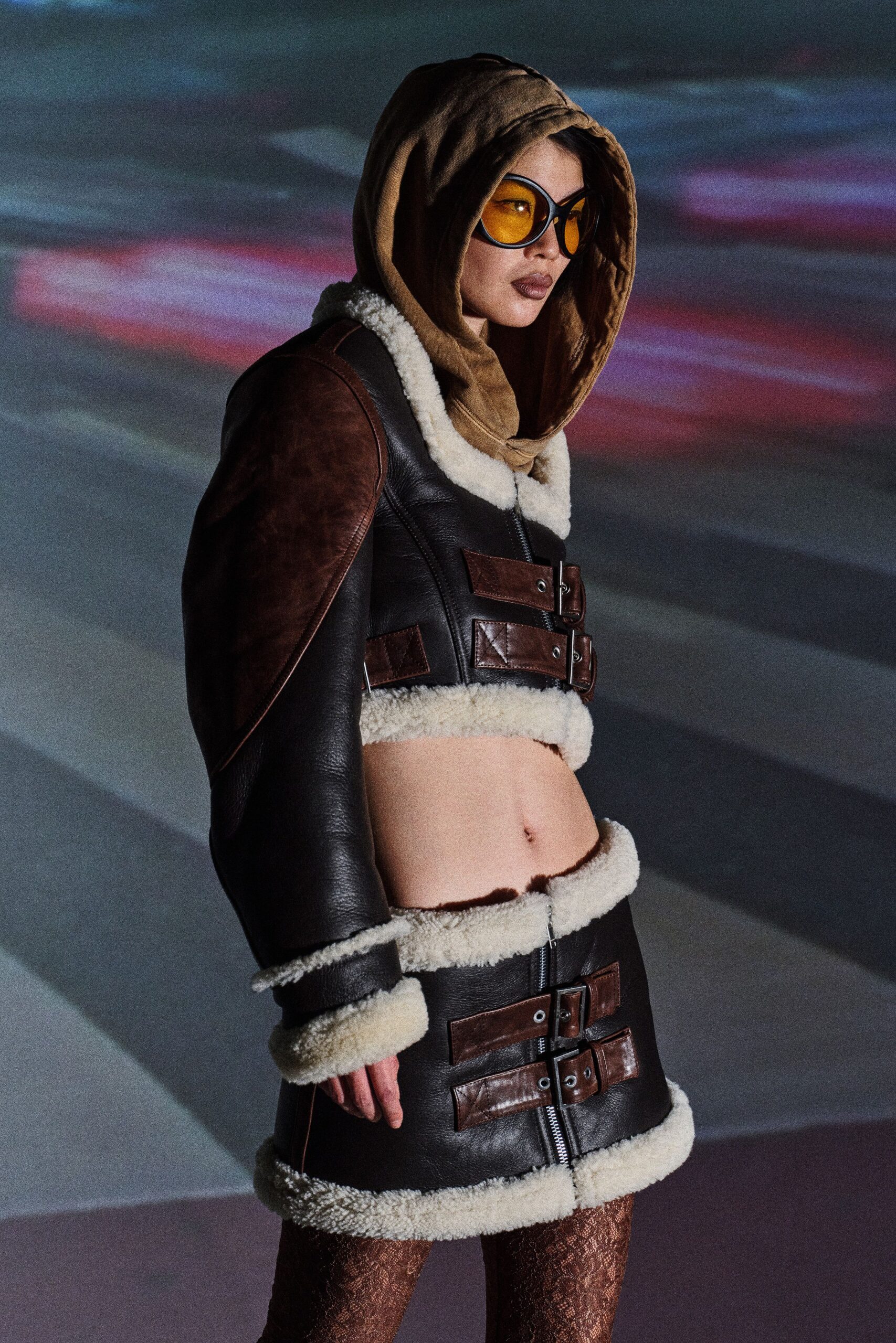 black leather jacket with hood