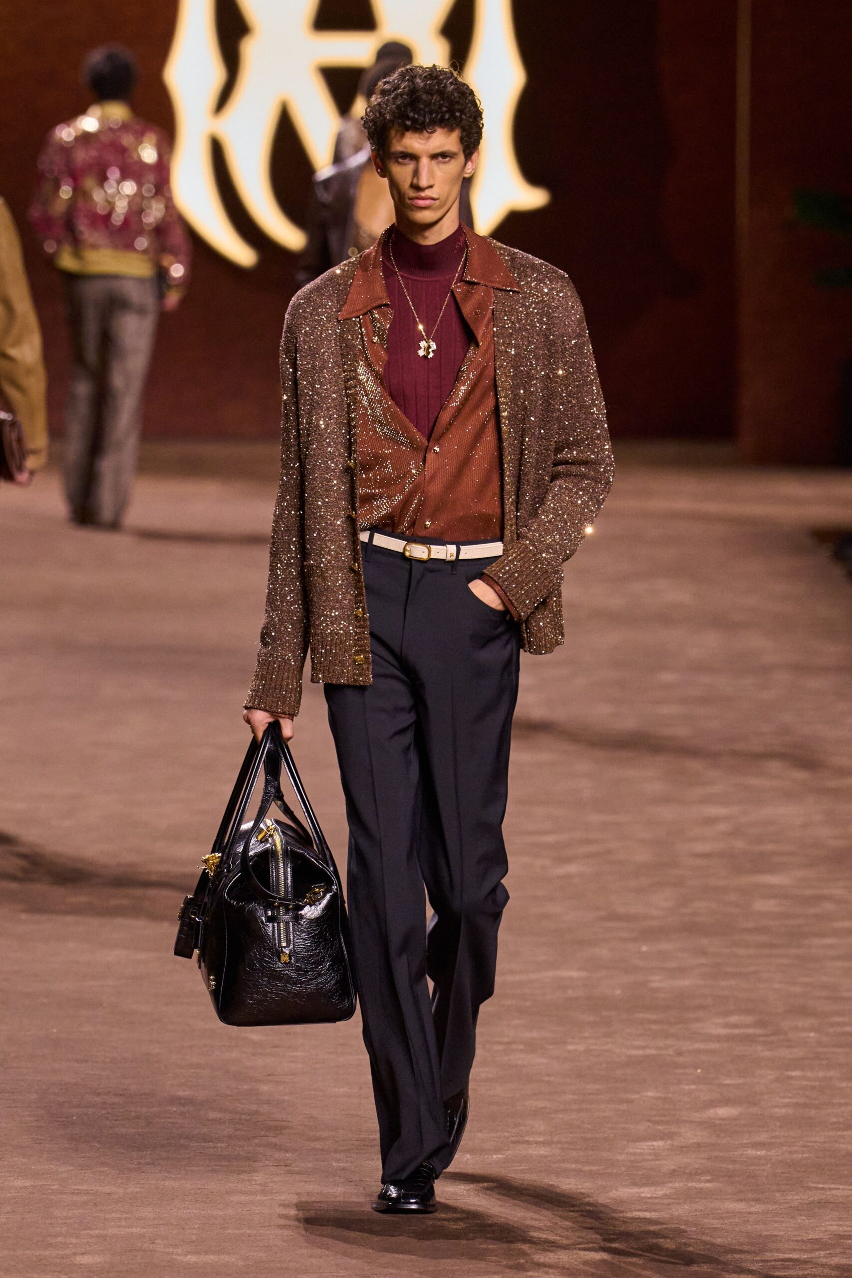 brown silk long-sleeve relaxed sequined shiny jacket