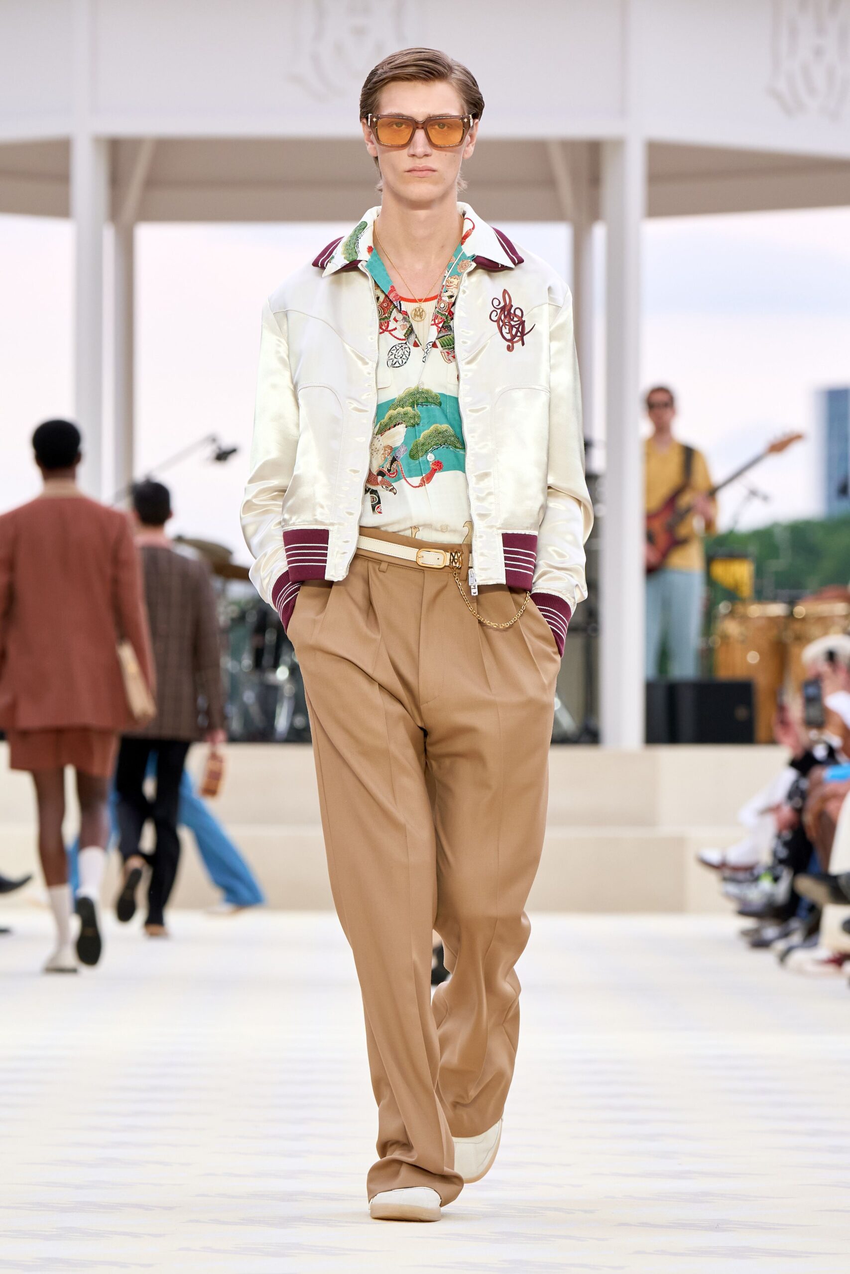 white silk jacket with printed shirt