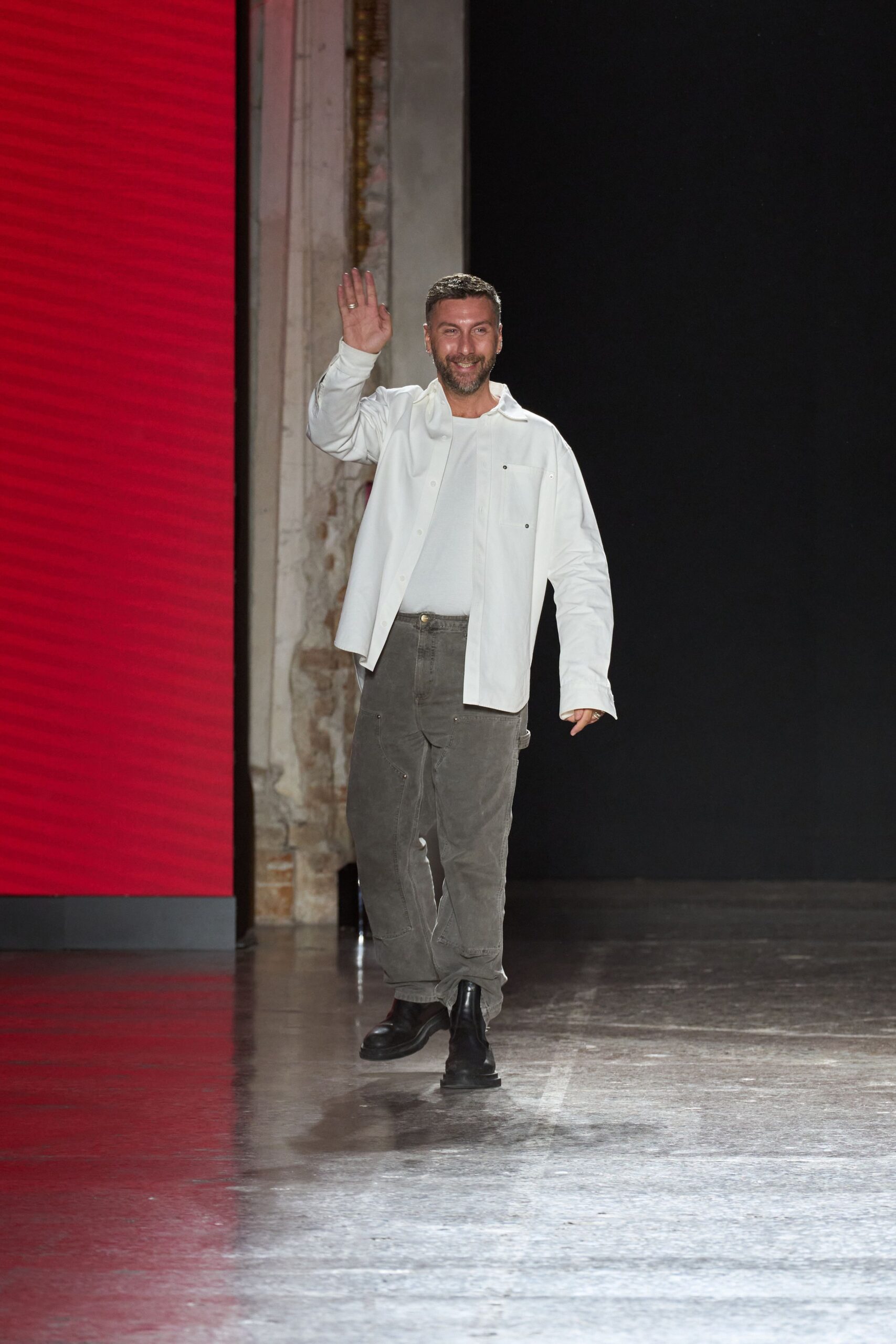 white jacket with gray pants