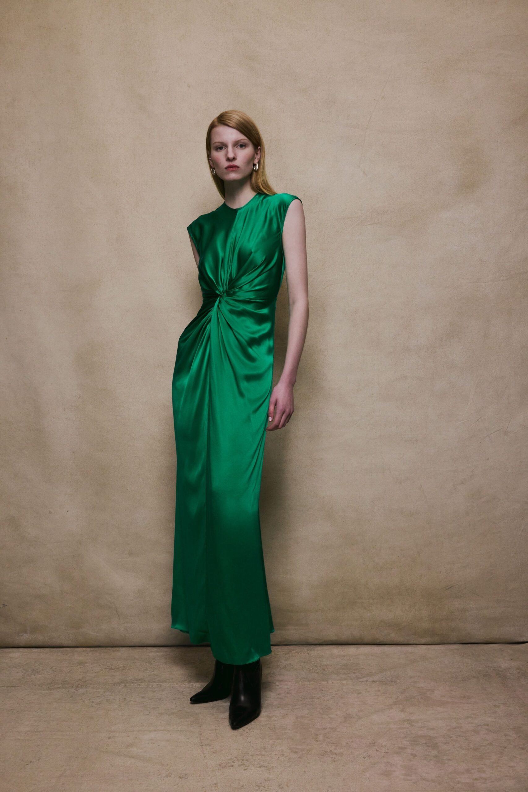 green silk sleeveless gown