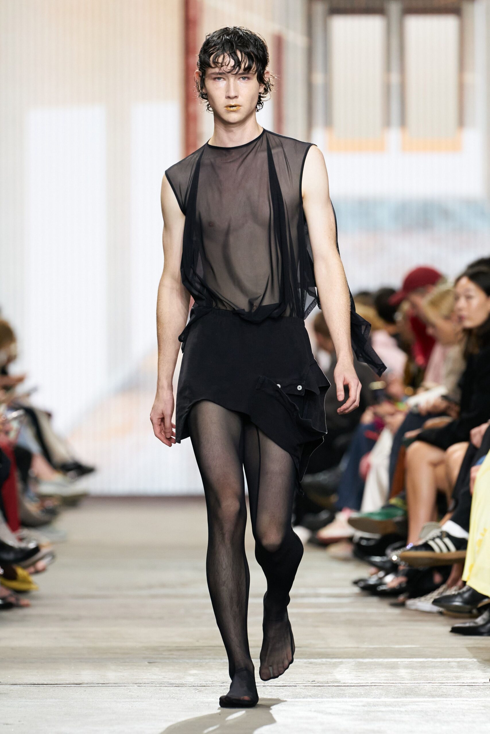 black mesh top with mini skirt