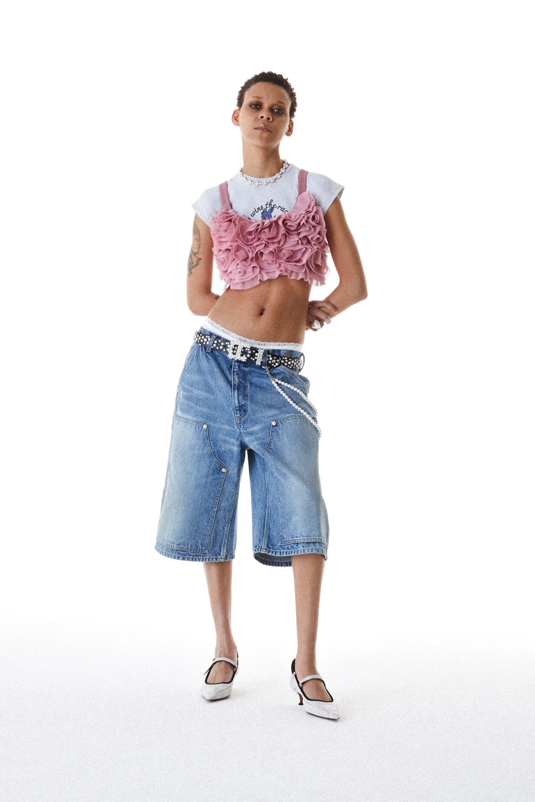 pink cotton sleeveless square-neck fitted ruffled short crop-top