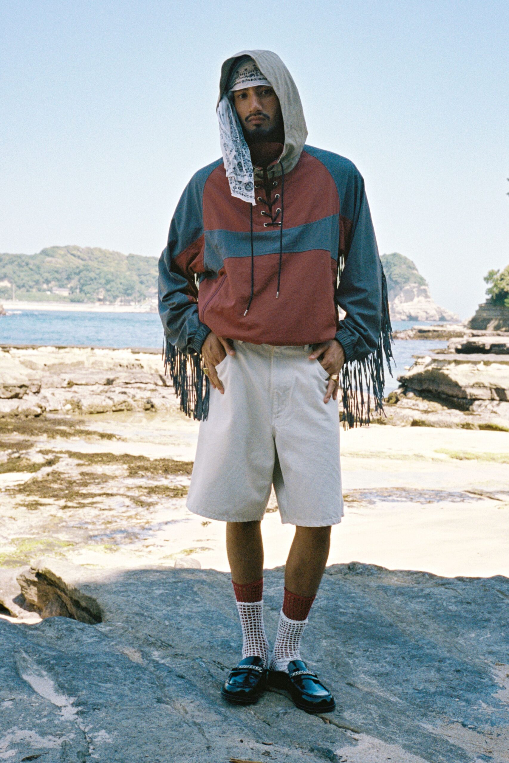 red cotton hooded long-sleeve oversized color-blocked fringed hoodie