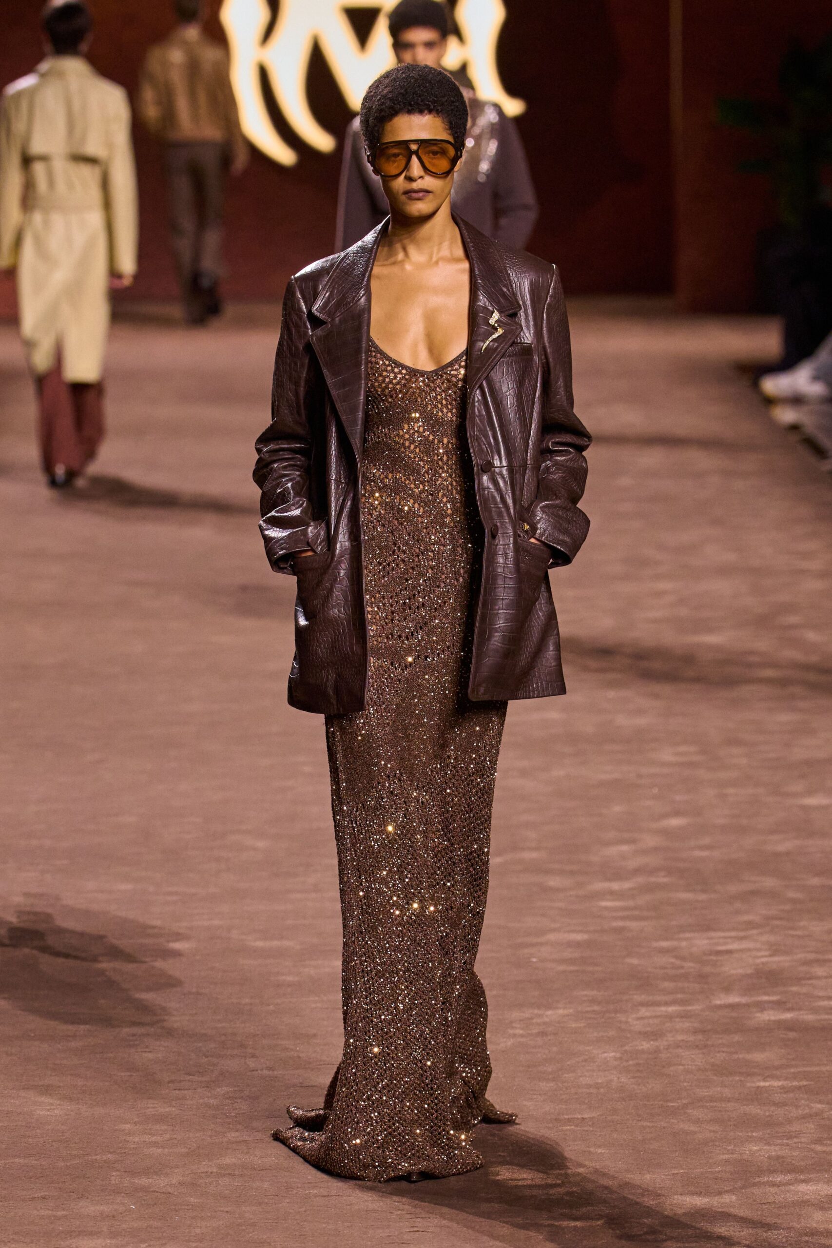 brown silk sleeveless v-neck fitted sequined shiny dress