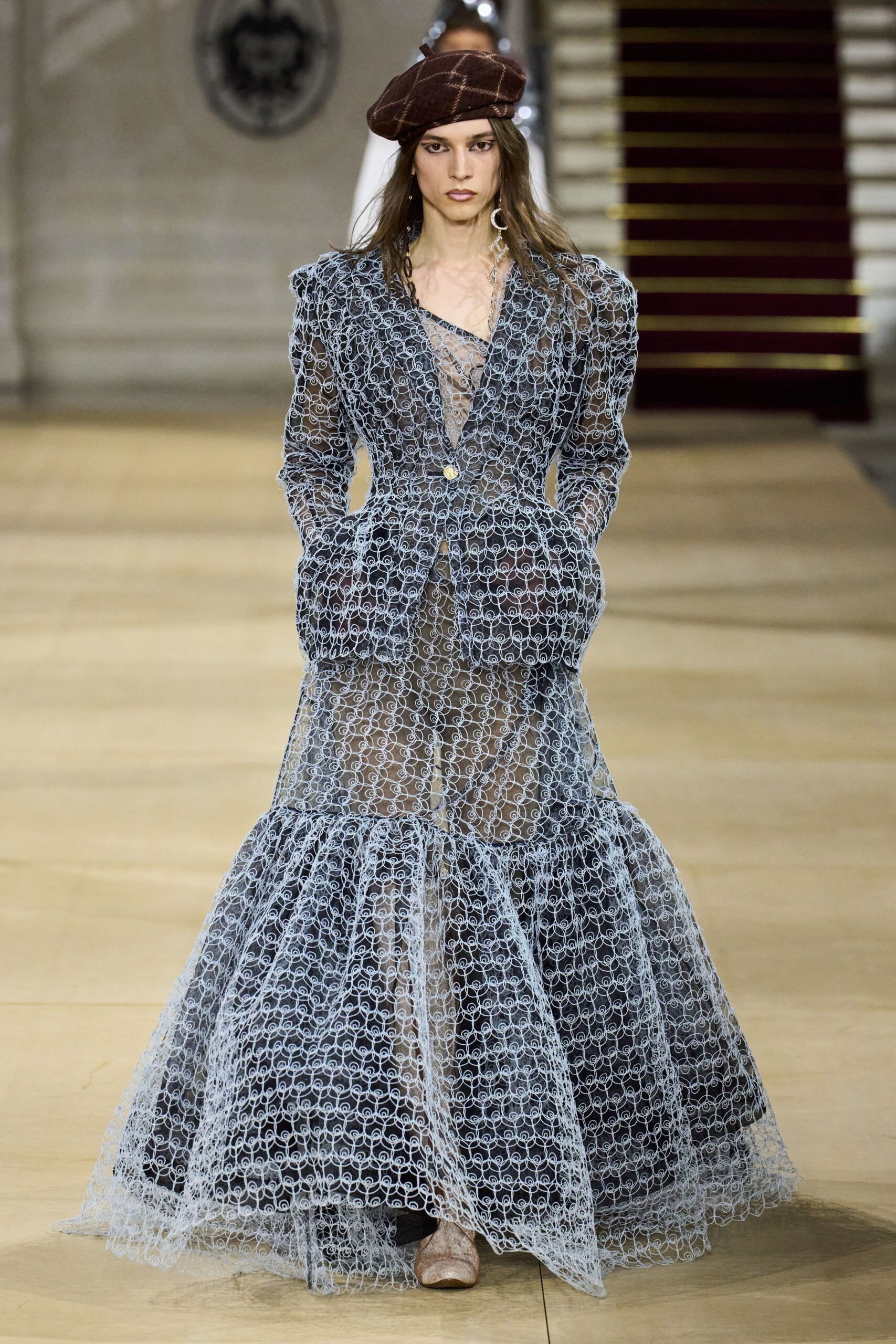 blue mesh sleeveless v-neck fitted tiered sheer dress