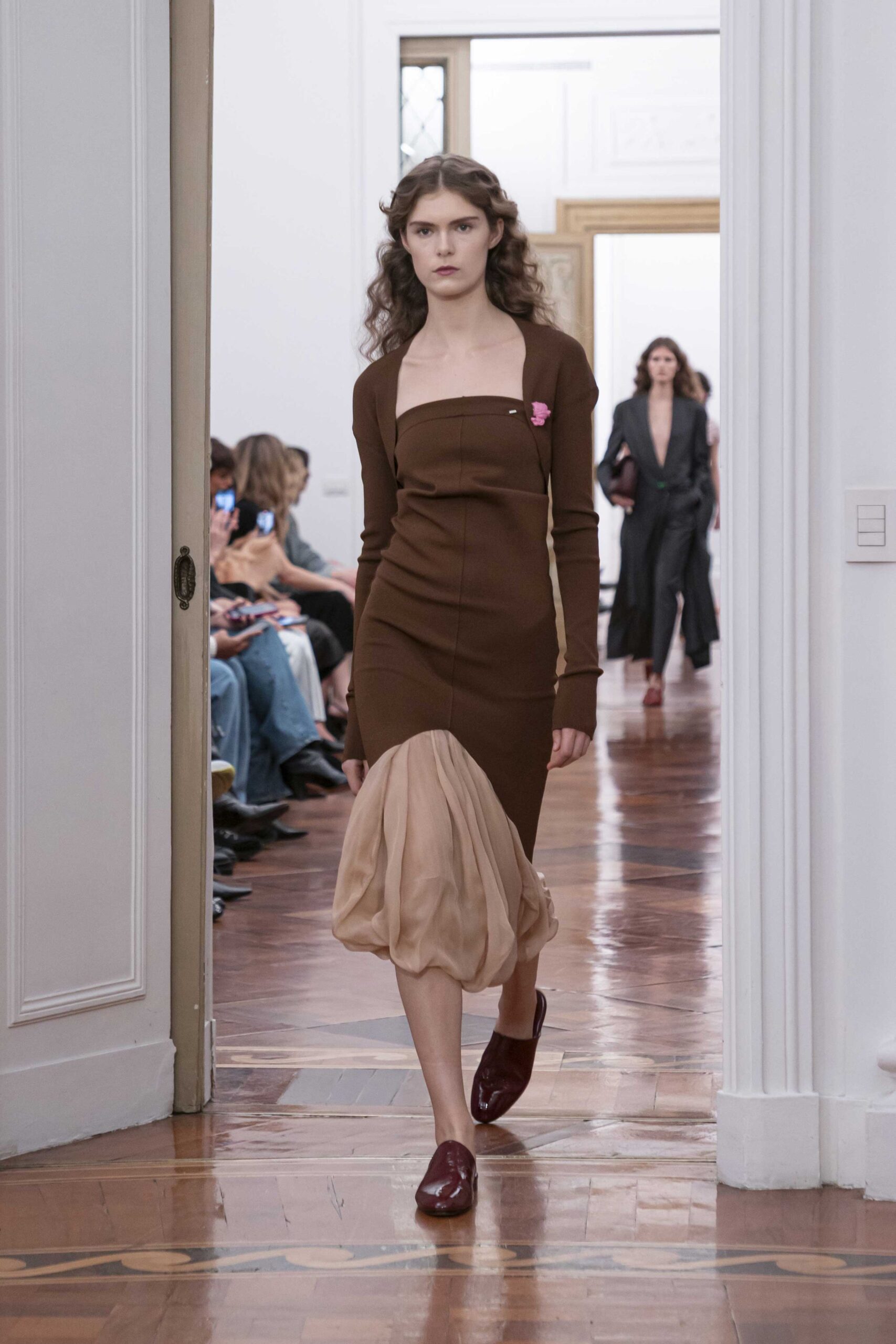 brown midi dress with pleats