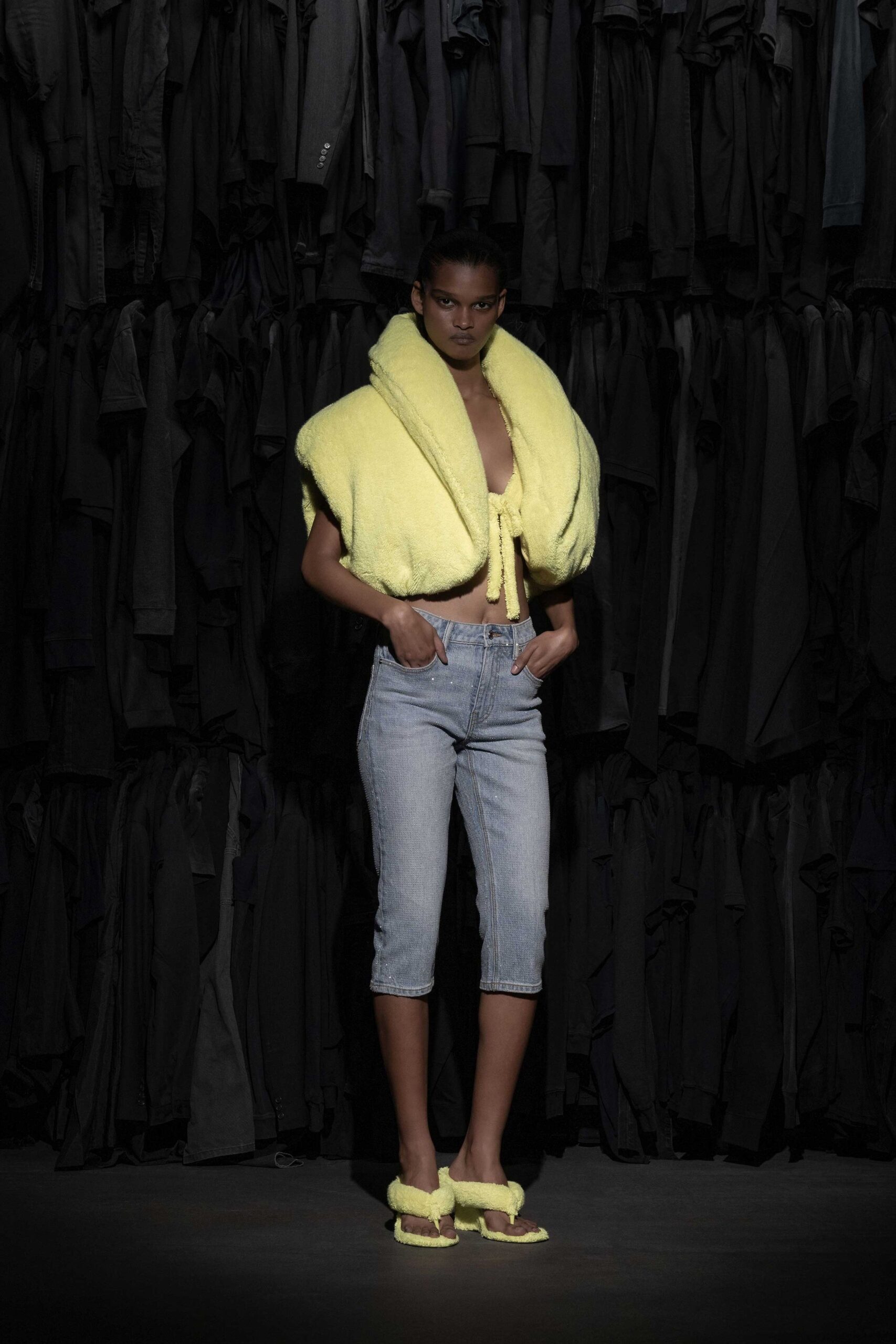 yellow faux-fur sleeveless v-neck relaxed draped top
