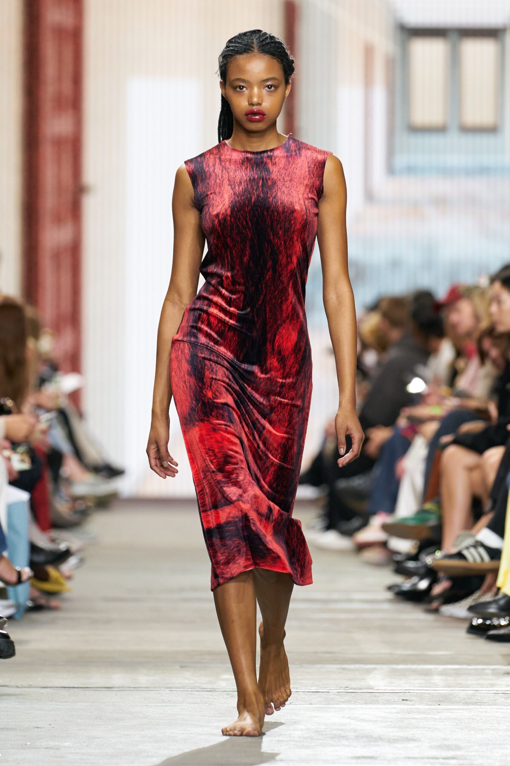red and black draped midi dress