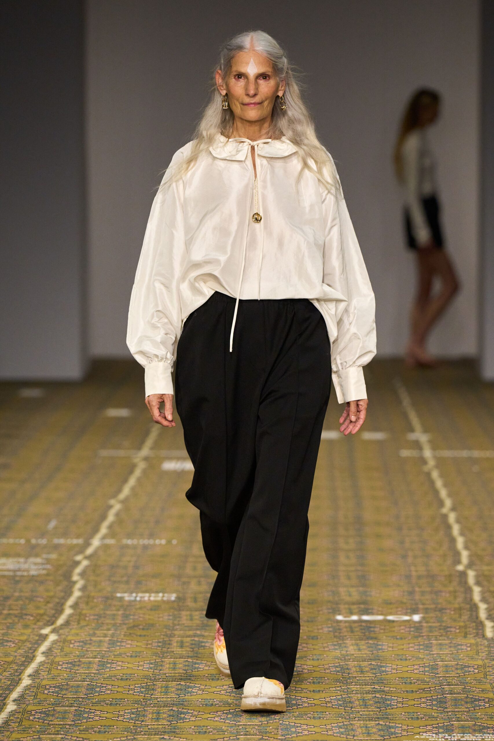 white silk long-sleeve high-neck oversized draped pockets blouse