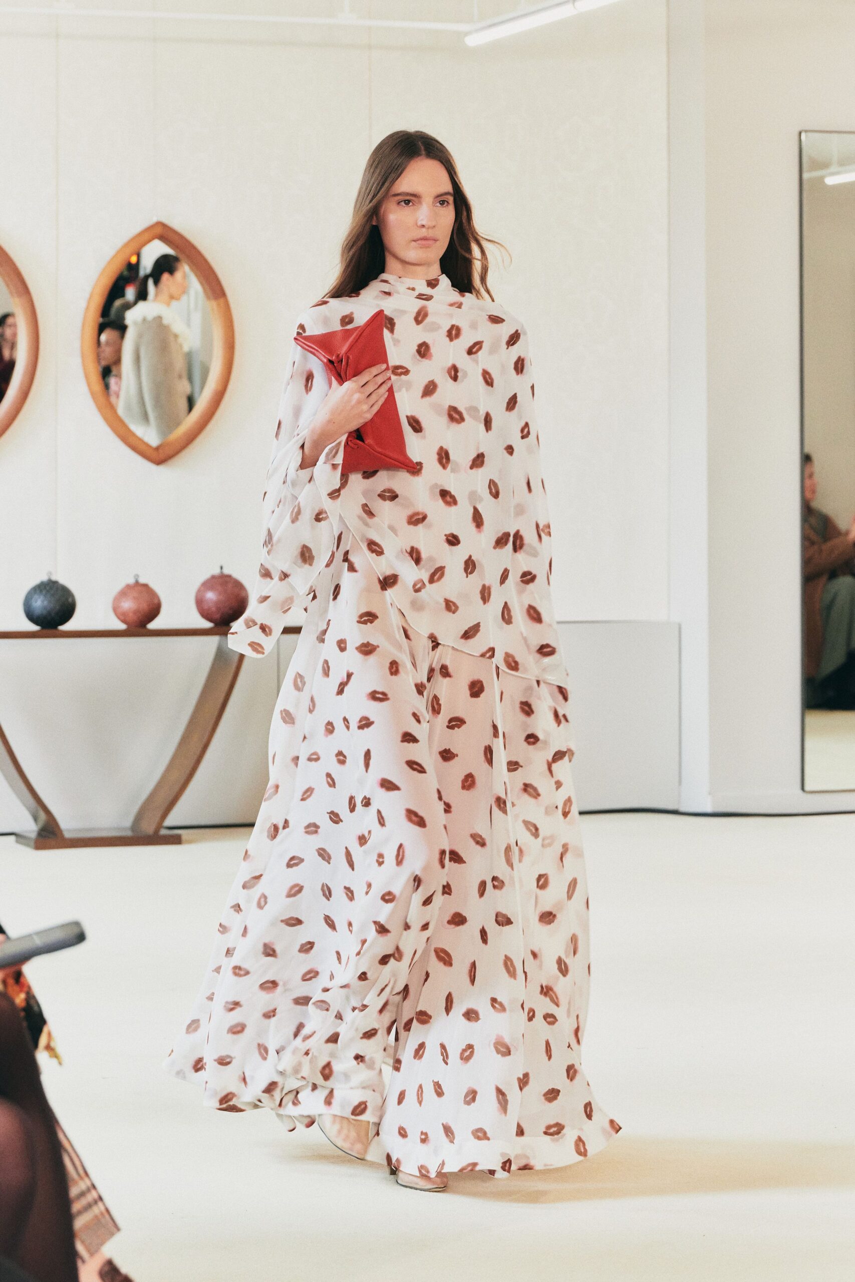 white silk long-sleeve high-neck relaxed printed tiered dress