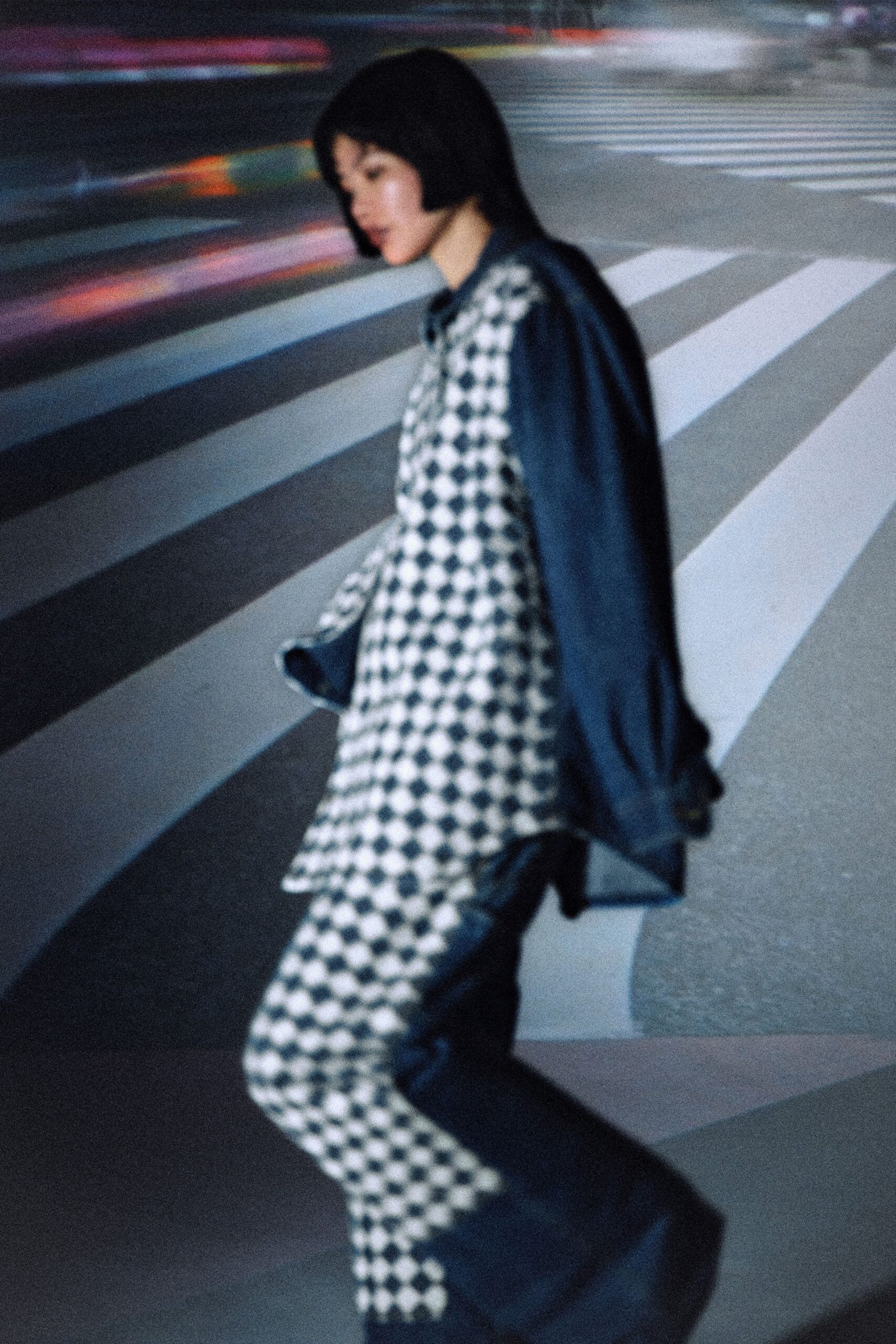 blue and white checked shirt with denim pants