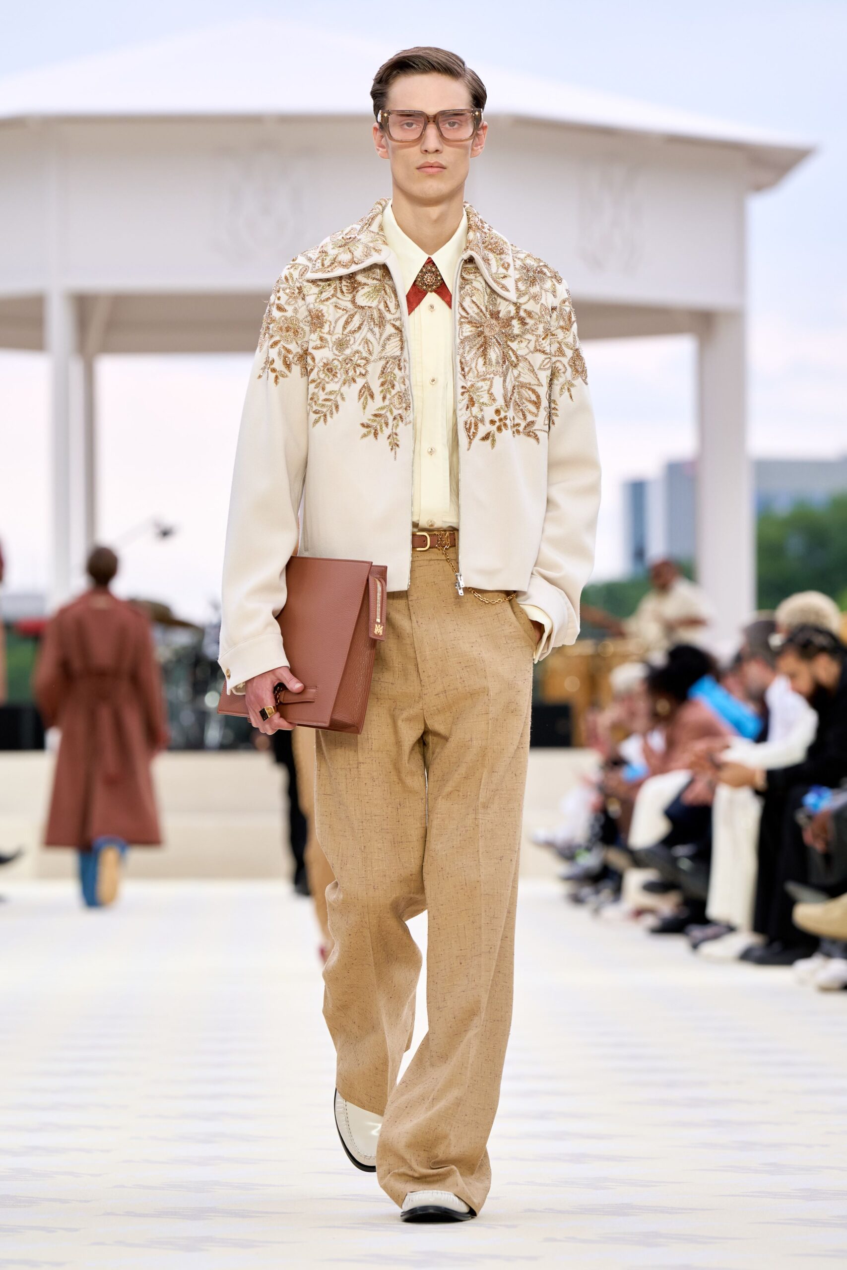 beige embroidered jacket with relaxed pants