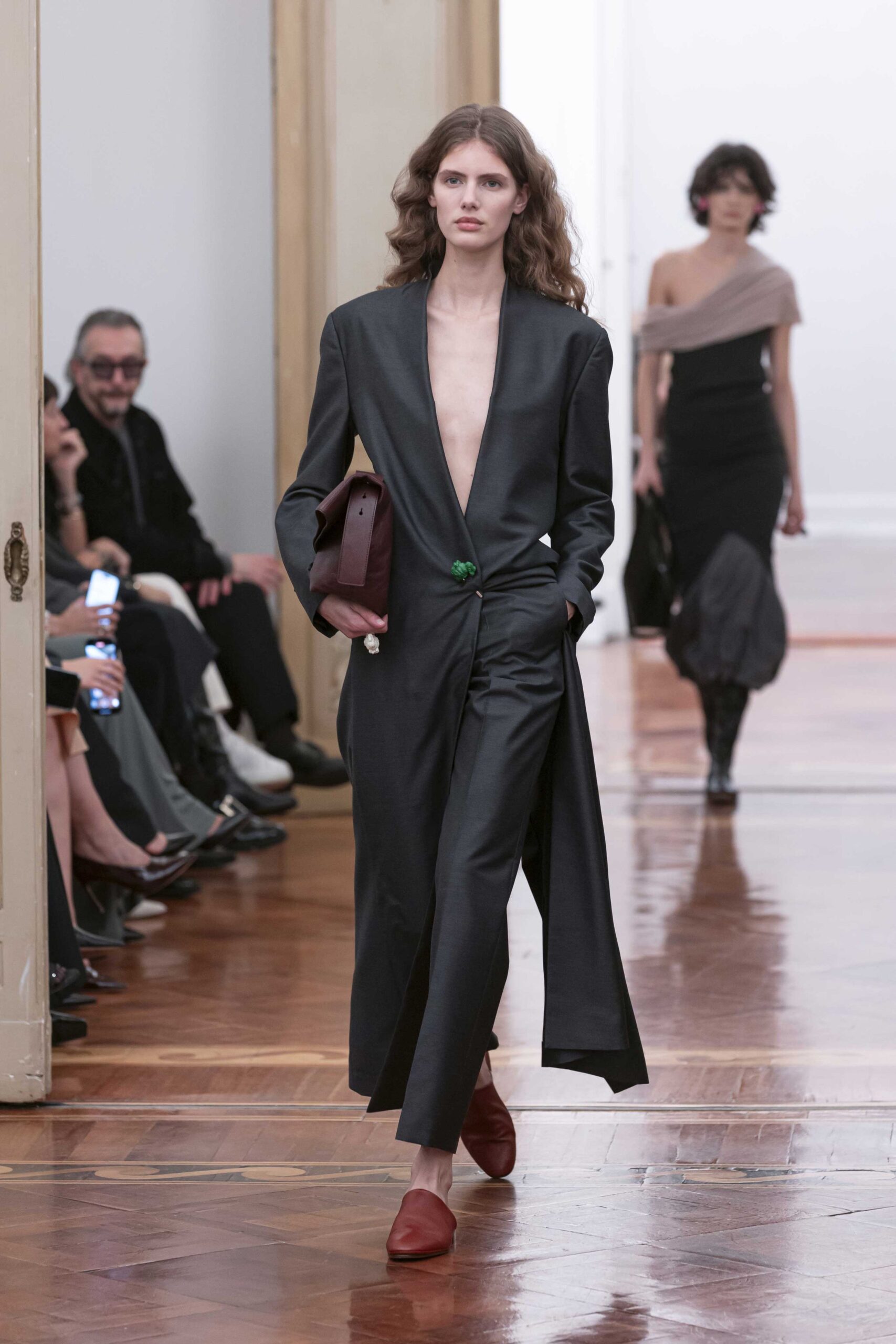 black silk long-sleeve collared fitted draped coat