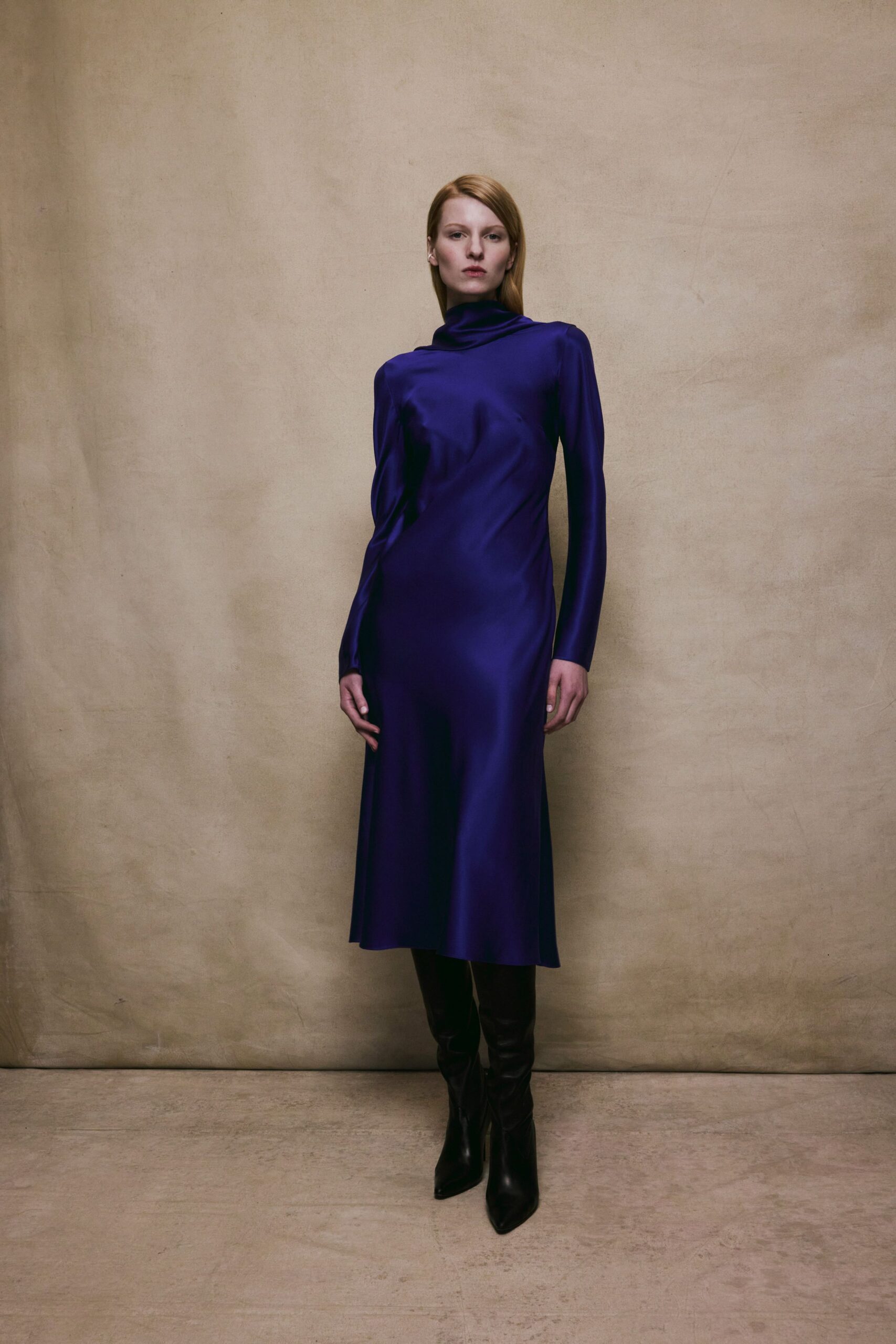 blue silk midi dress with boots