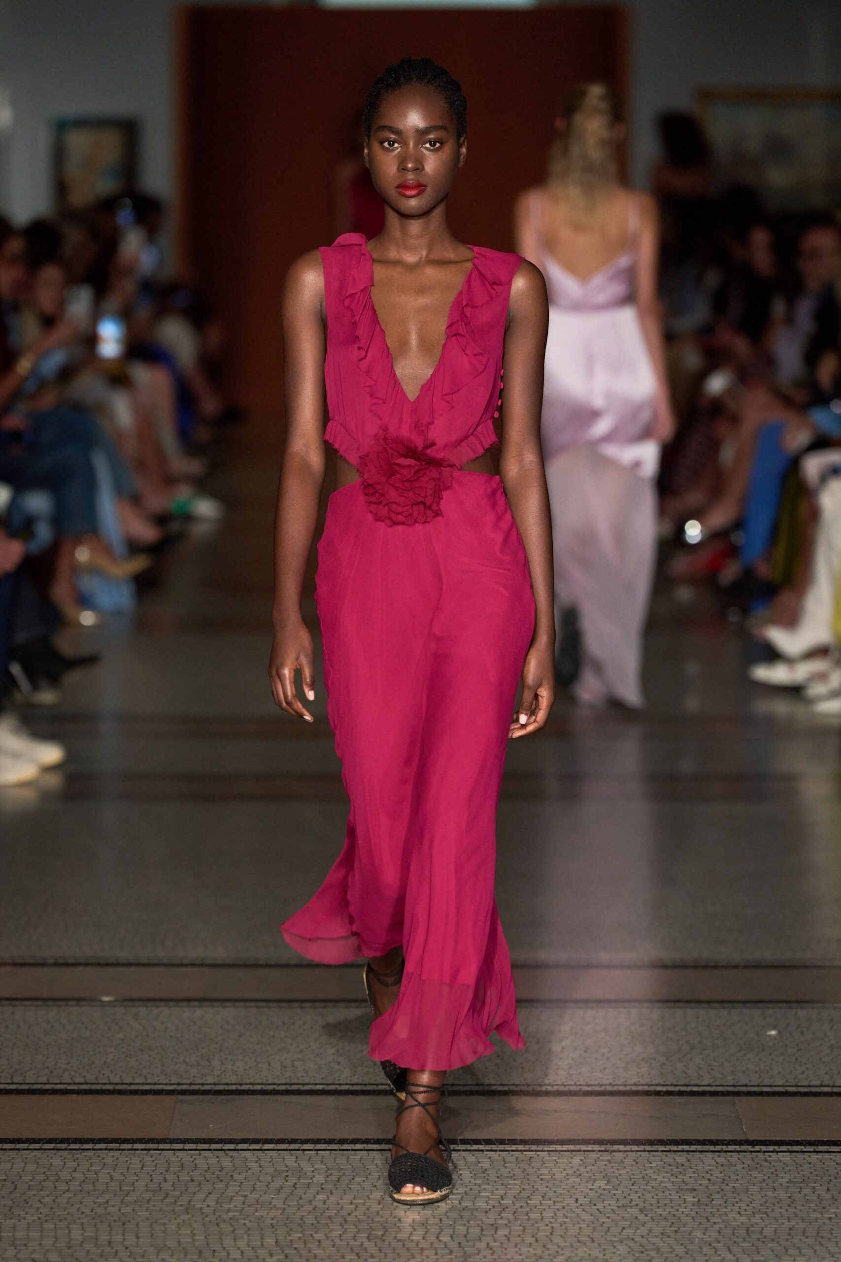pink chiffon midi dress with ruffles